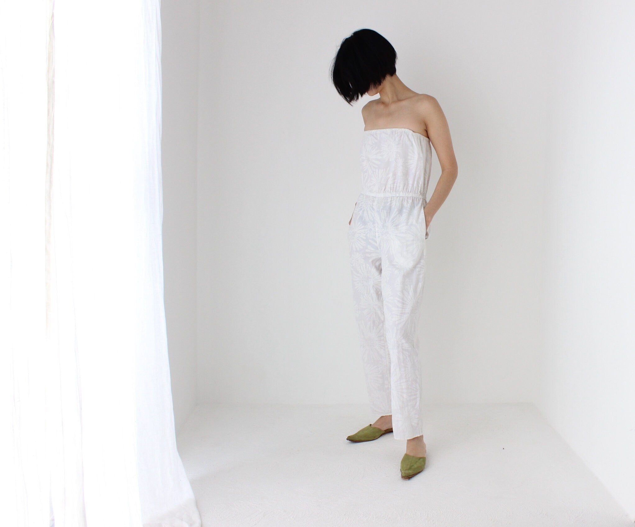 80s Strapless Cotton Jumpsuit w/ Painted Flowers