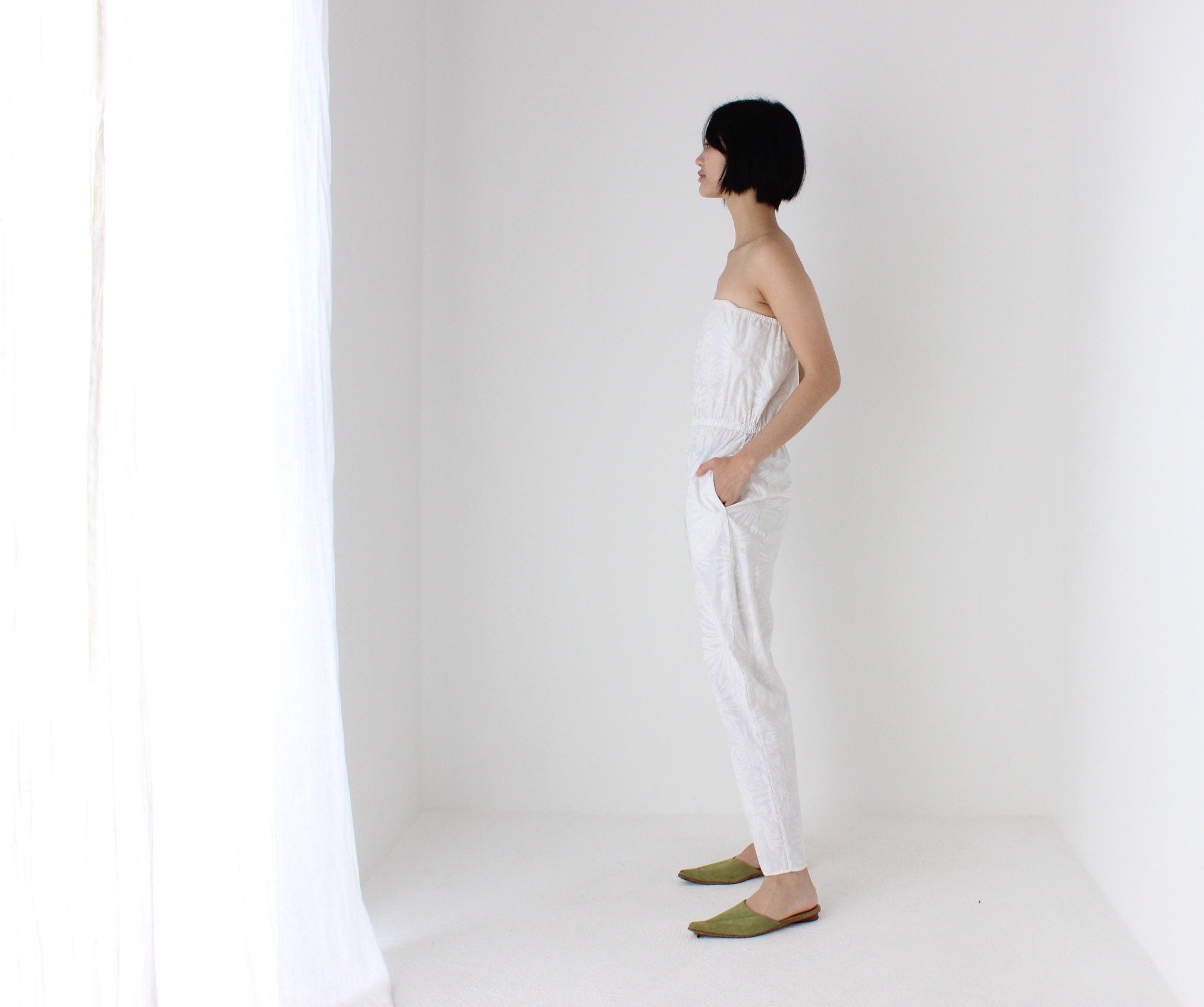 80s Strapless Cotton Jumpsuit w/ Painted Flowers