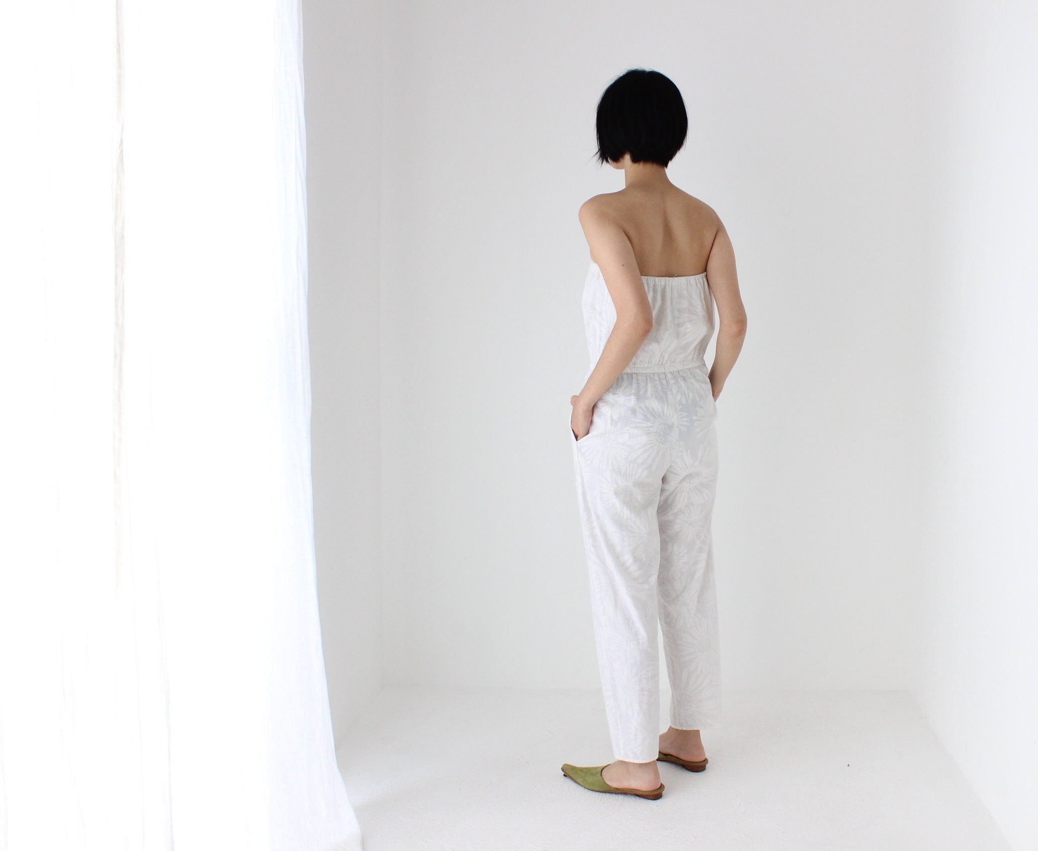 80s Strapless Cotton Jumpsuit w/ Painted Flowers