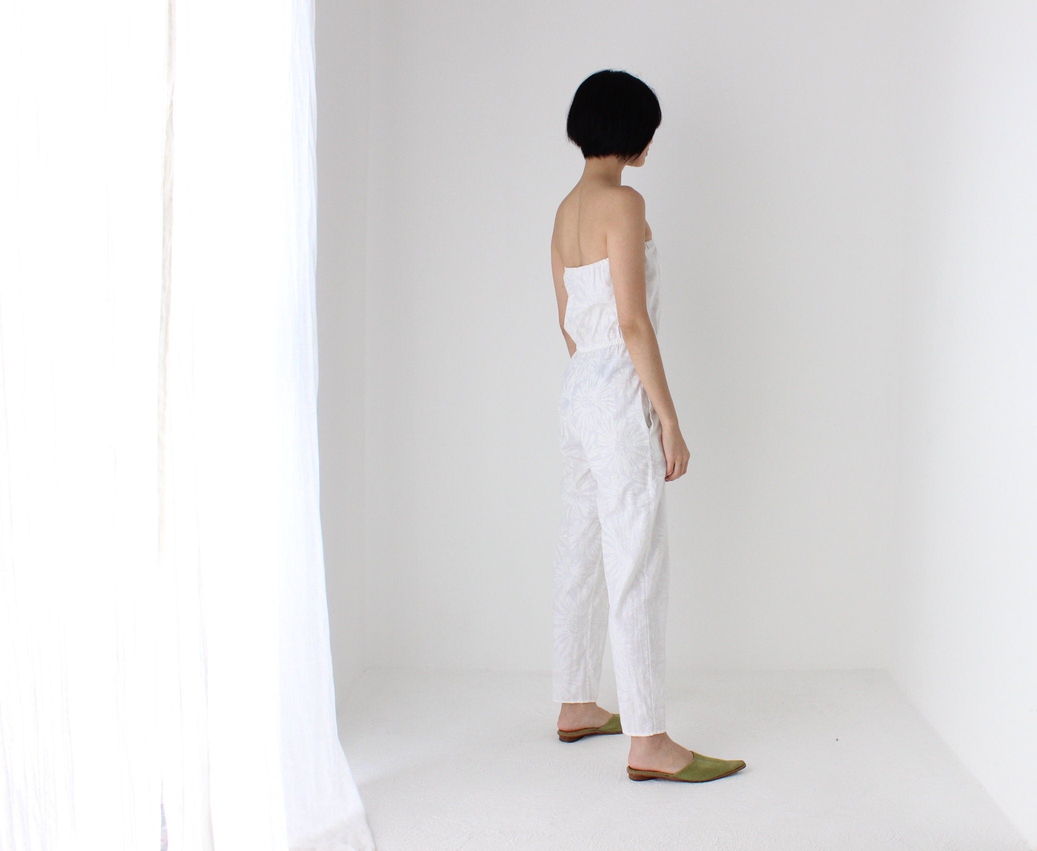 80s Strapless Cotton Jumpsuit w/ Painted Flowers