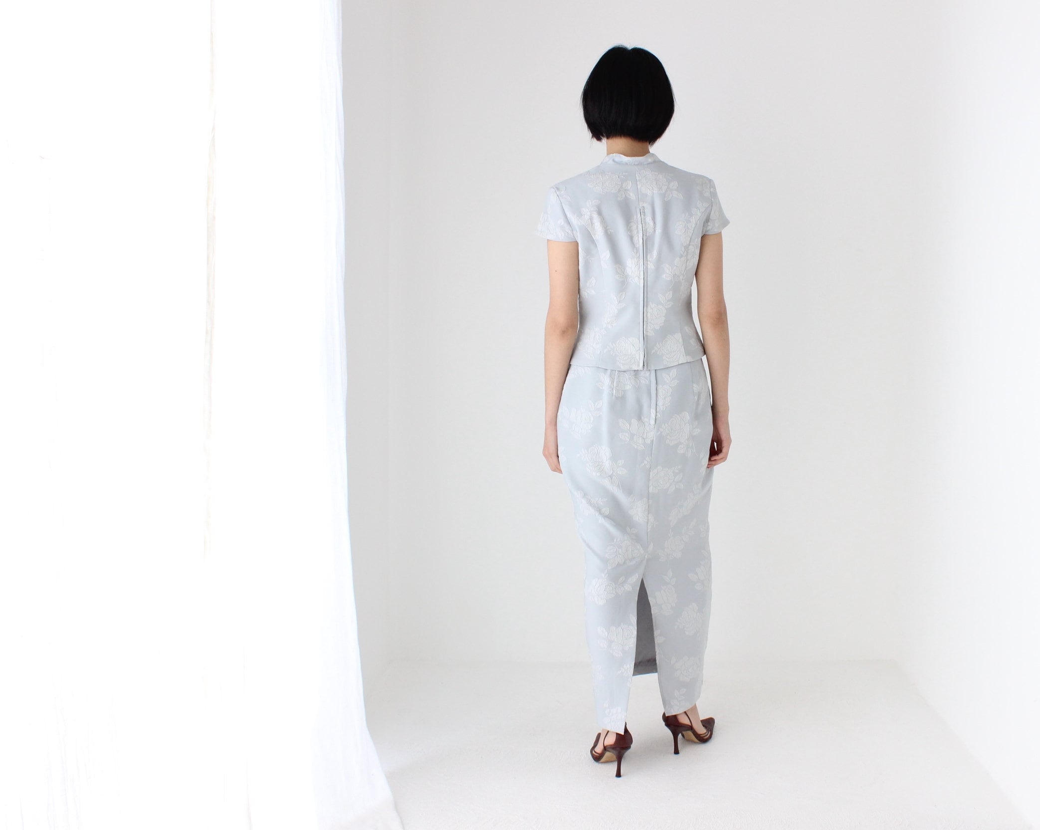 80s Jacquard Rose Embossed Pastel Two Piece Matching Top & Skirt Set