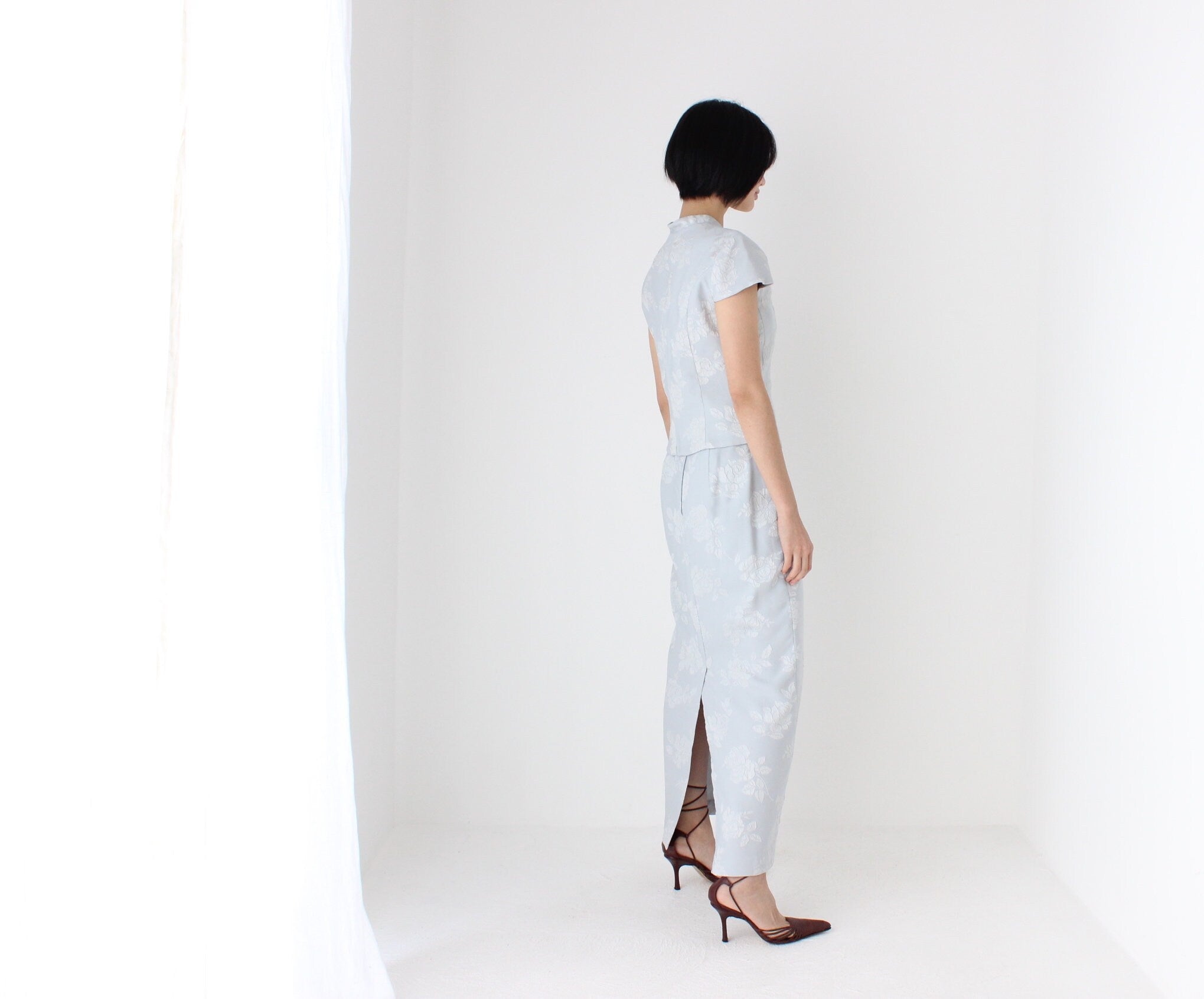 80s Jacquard Rose Embossed Pastel Two Piece Matching Top & Skirt Set