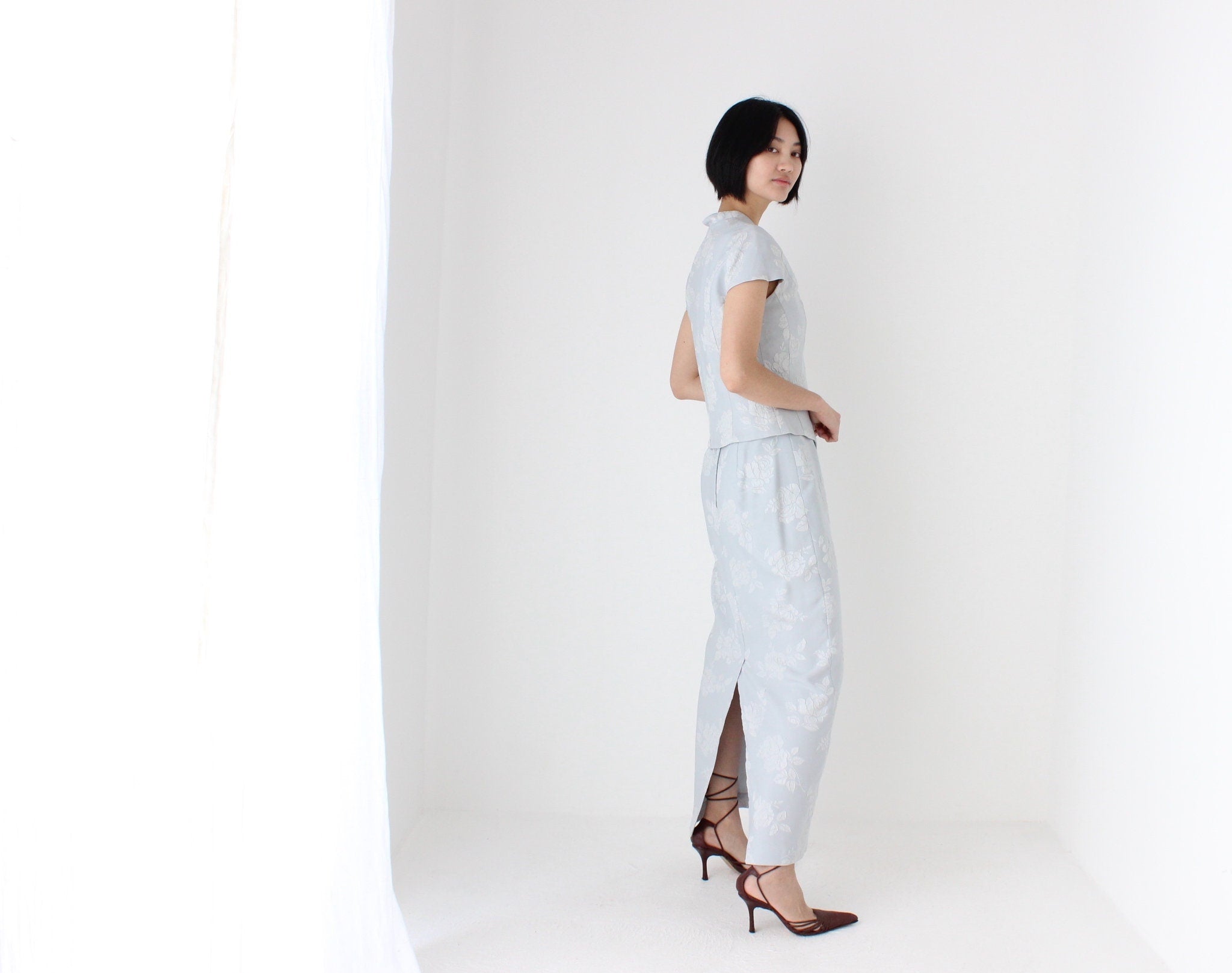 80s Jacquard Rose Embossed Pastel Two Piece Matching Top & Skirt Set