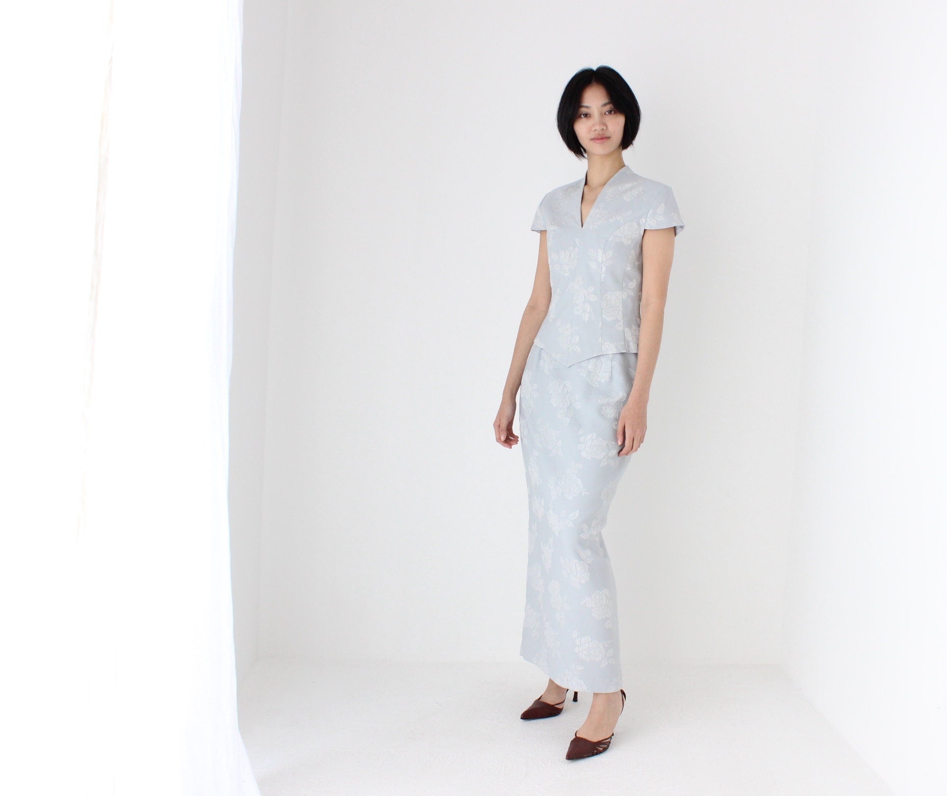 80s Jacquard Rose Embossed Pastel Two Piece Matching Top & Skirt Set