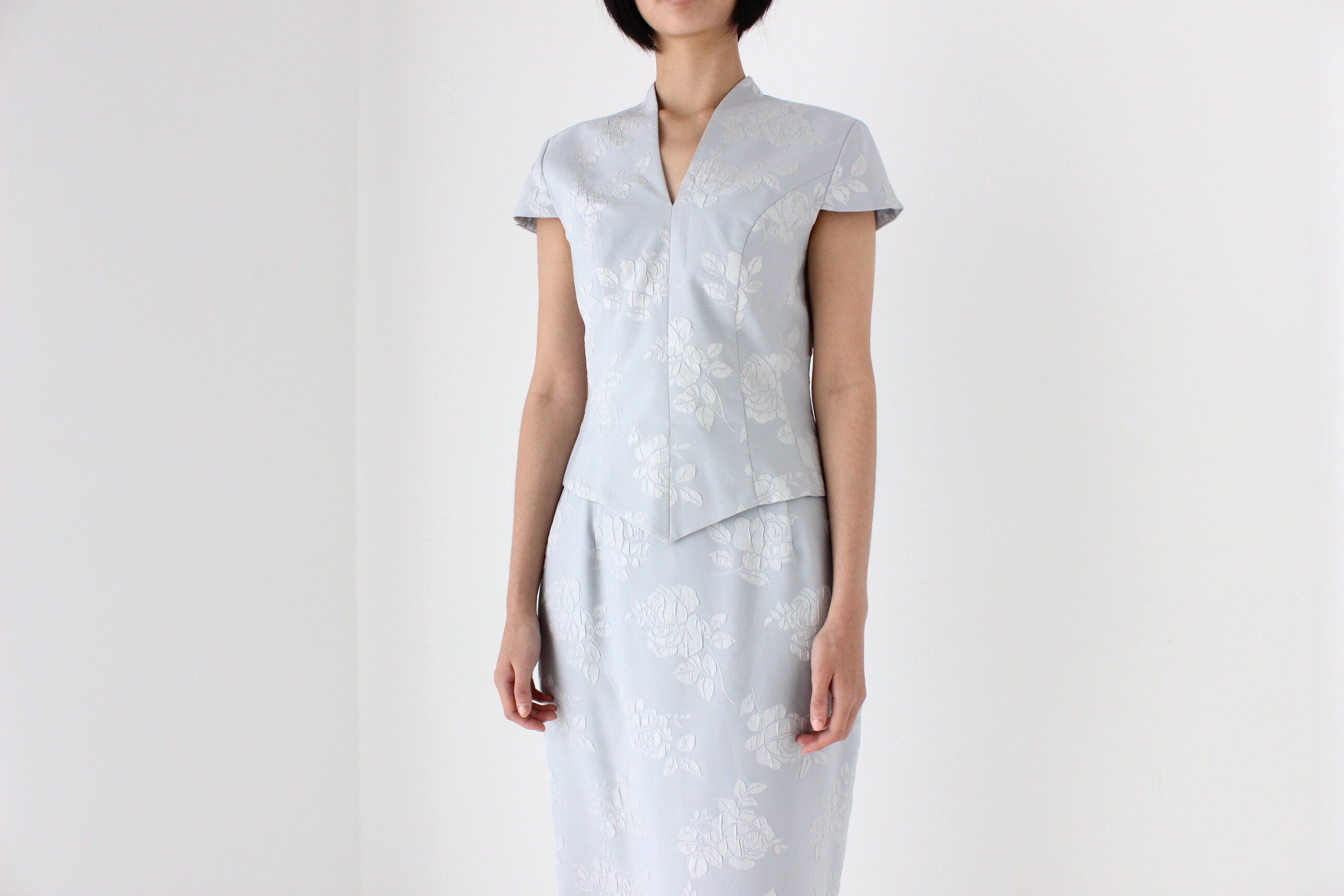 80s Jacquard Rose Embossed Pastel Two Piece Matching Top & Skirt Set