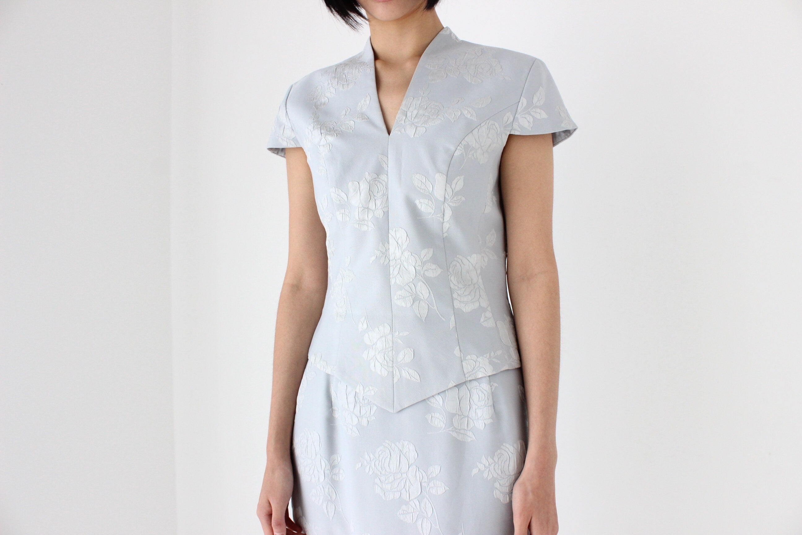 80s Jacquard Rose Embossed Pastel Two Piece Matching Top & Skirt Set