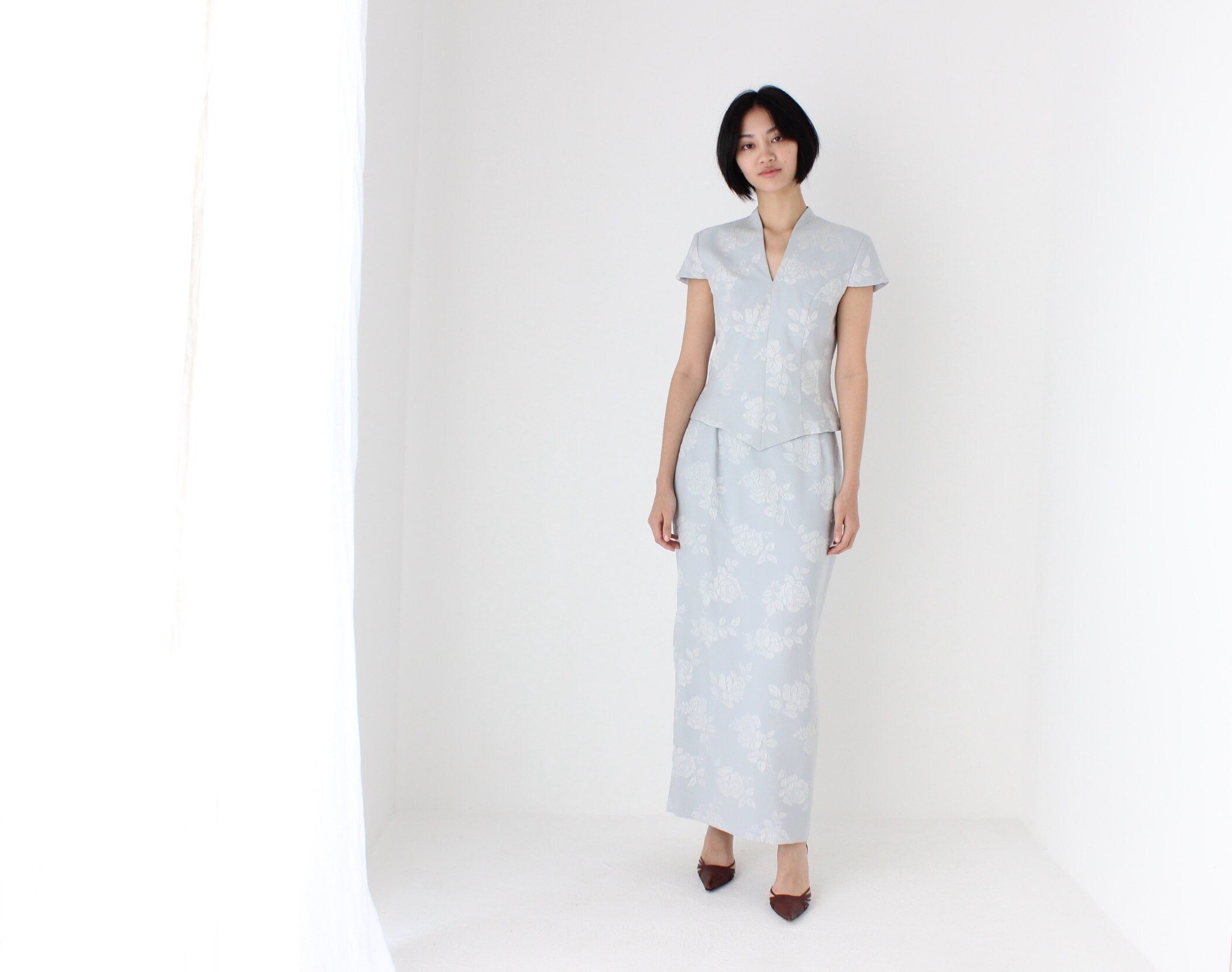 80s Jacquard Rose Embossed Pastel Two Piece Matching Top & Skirt Set