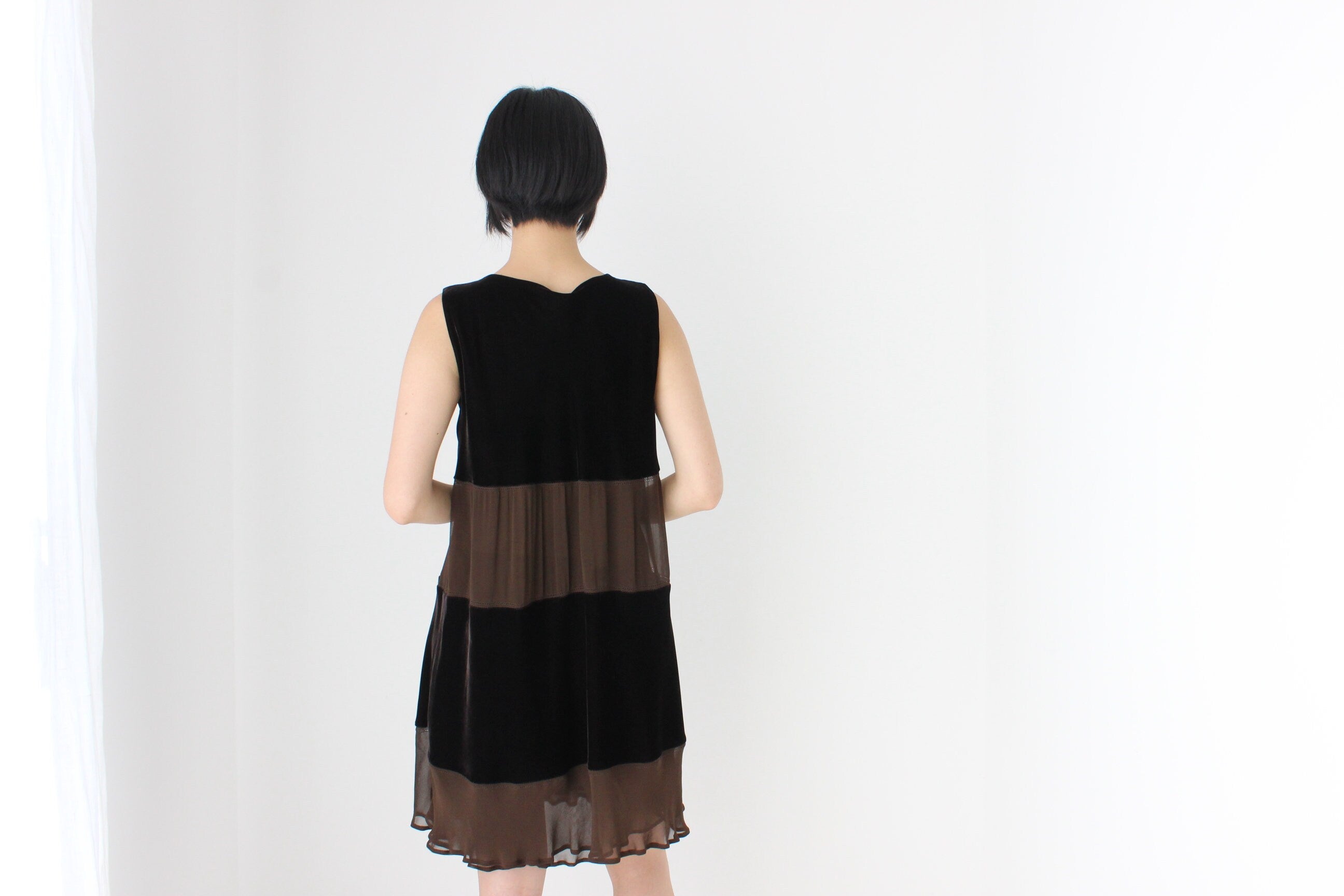 90s Alberta Ferretti Velvet & Crepe Chocolate Panel Relaxed Mini