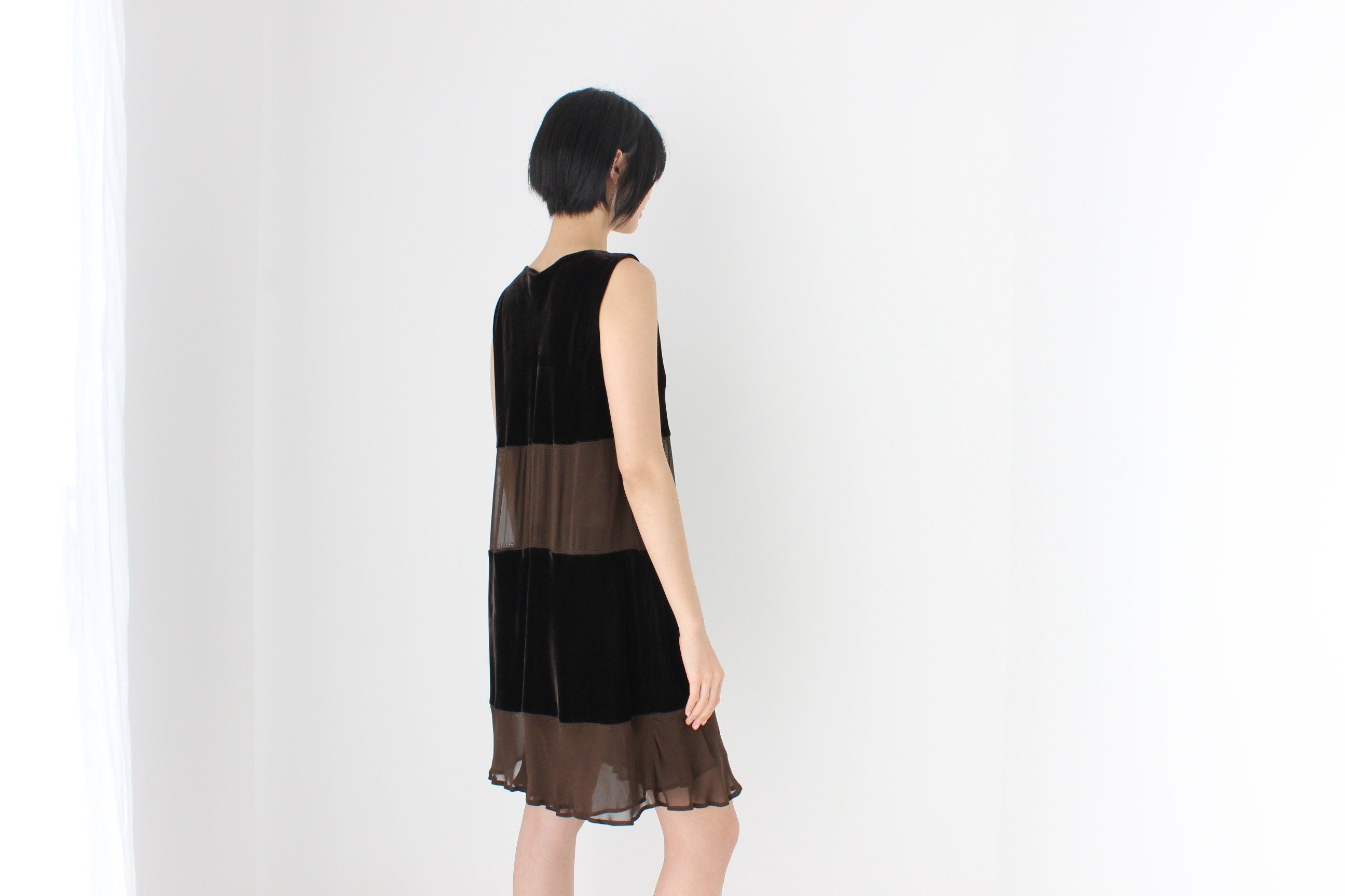 90s Alberta Ferretti Velvet & Crepe Chocolate Panel Relaxed Mini