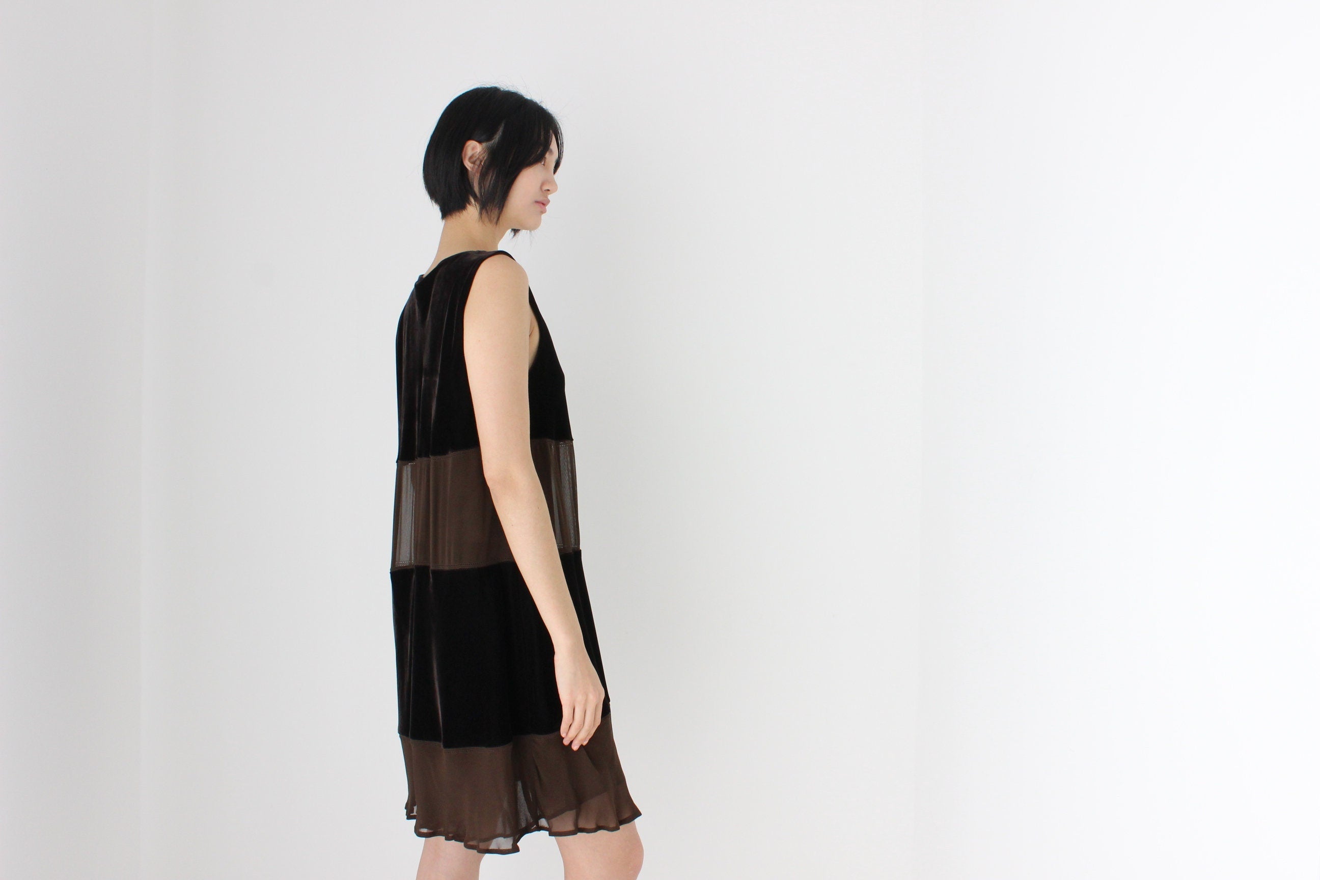90s Alberta Ferretti Velvet & Crepe Chocolate Panel Relaxed Mini