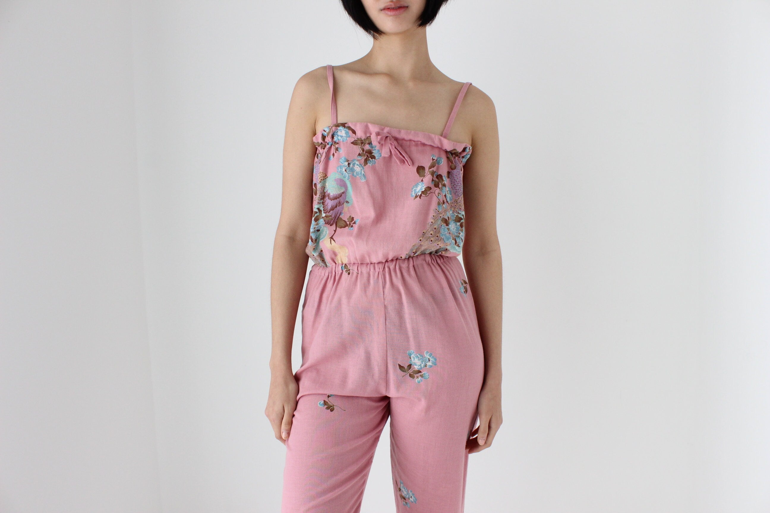 80s Dorothy Perkins Pastel Peacock Cotton Jumpsuit