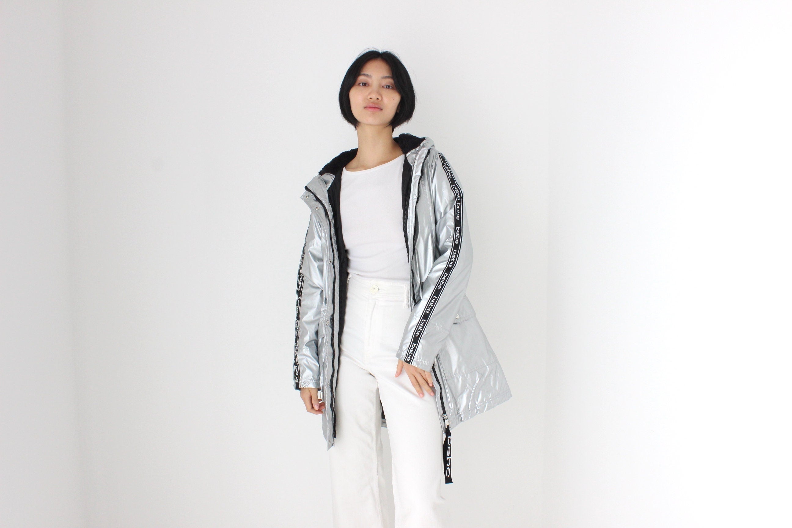 Y2K Bebe Sport Metallic Logo Strip Quilted, Hooded Puffer Jacket