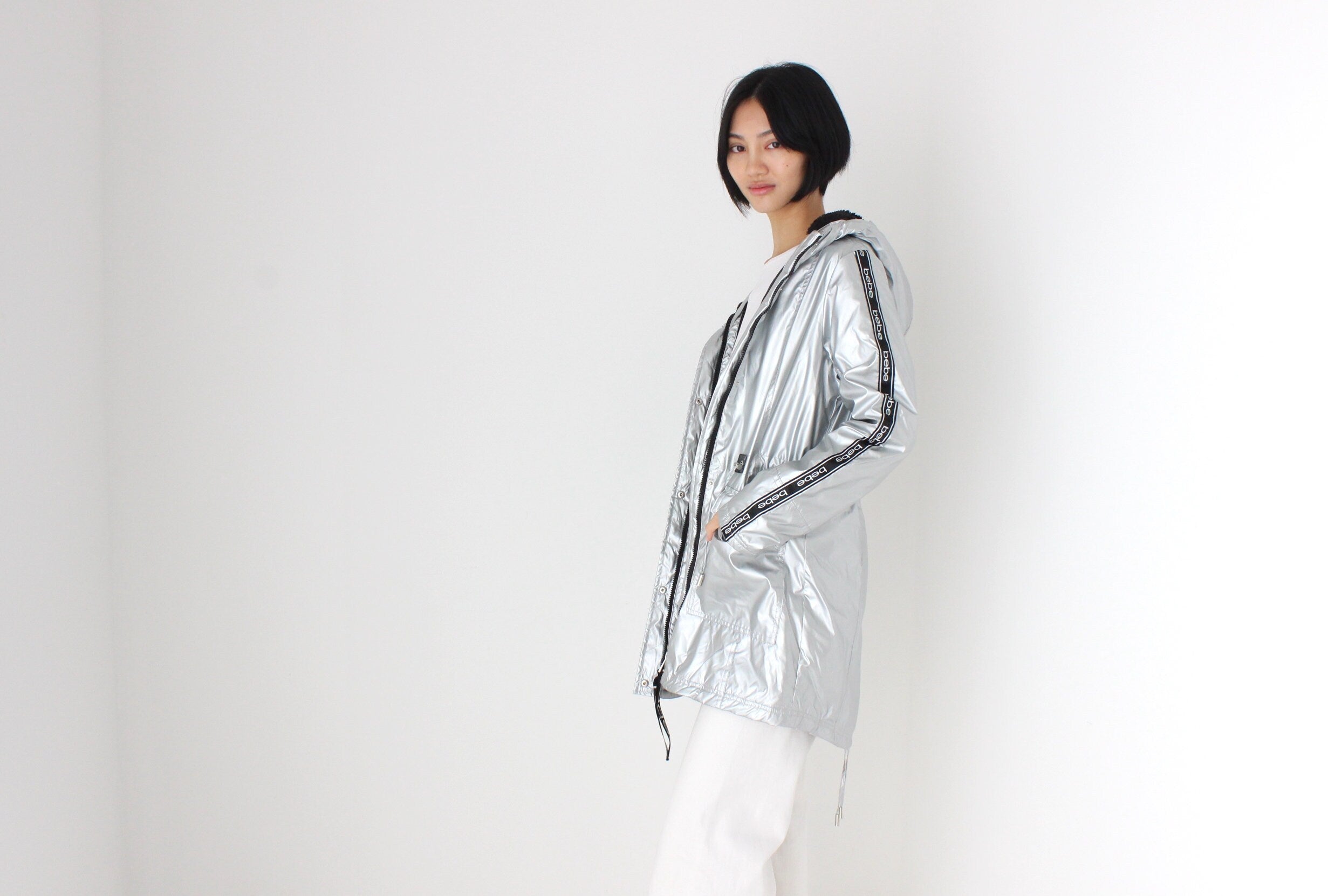 Y2K Bebe Sport Metallic Logo Strip Quilted, Hooded Puffer Jacket