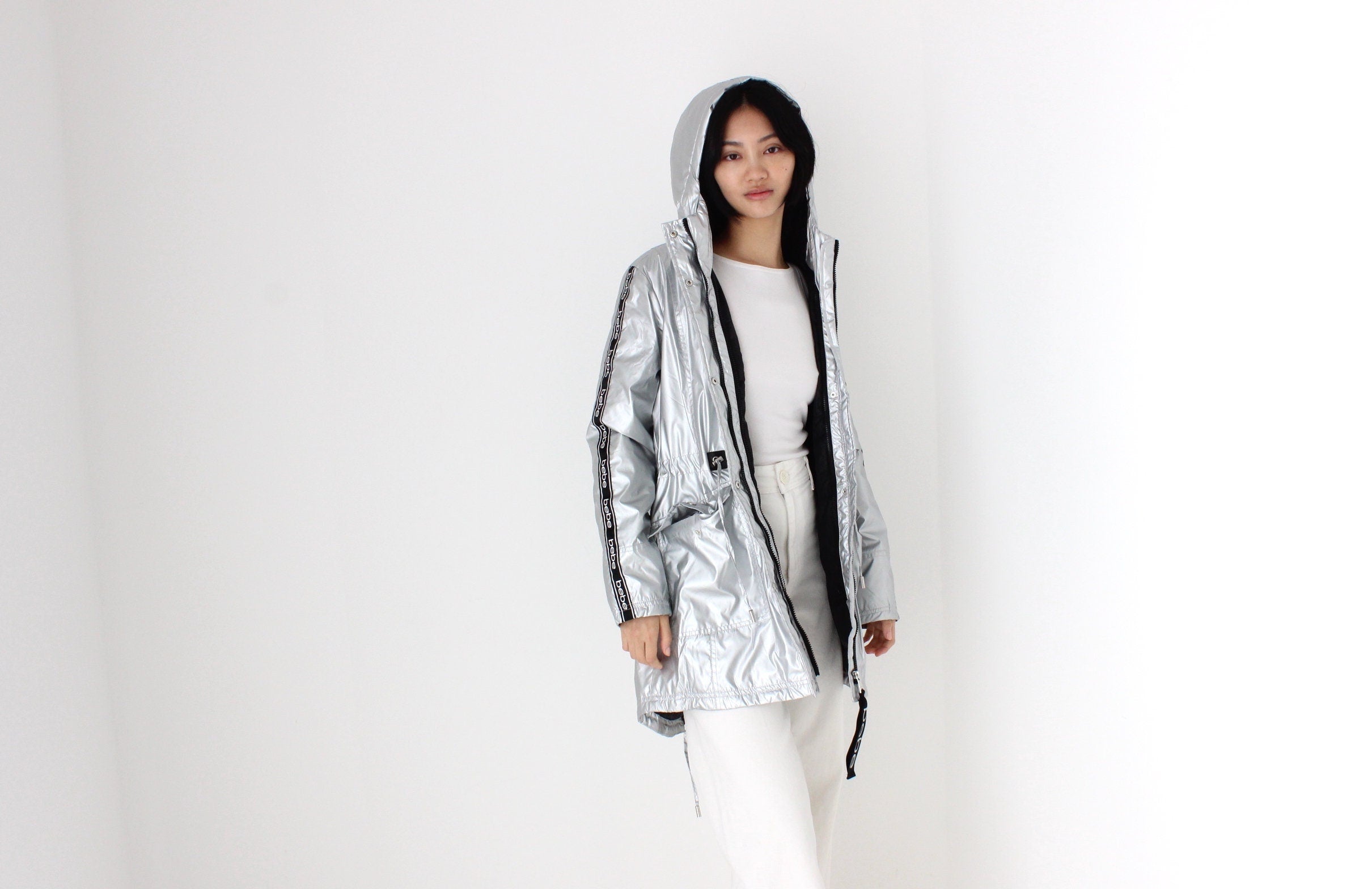 Y2K Bebe Sport Metallic Logo Strip Quilted, Hooded Puffer Jacket