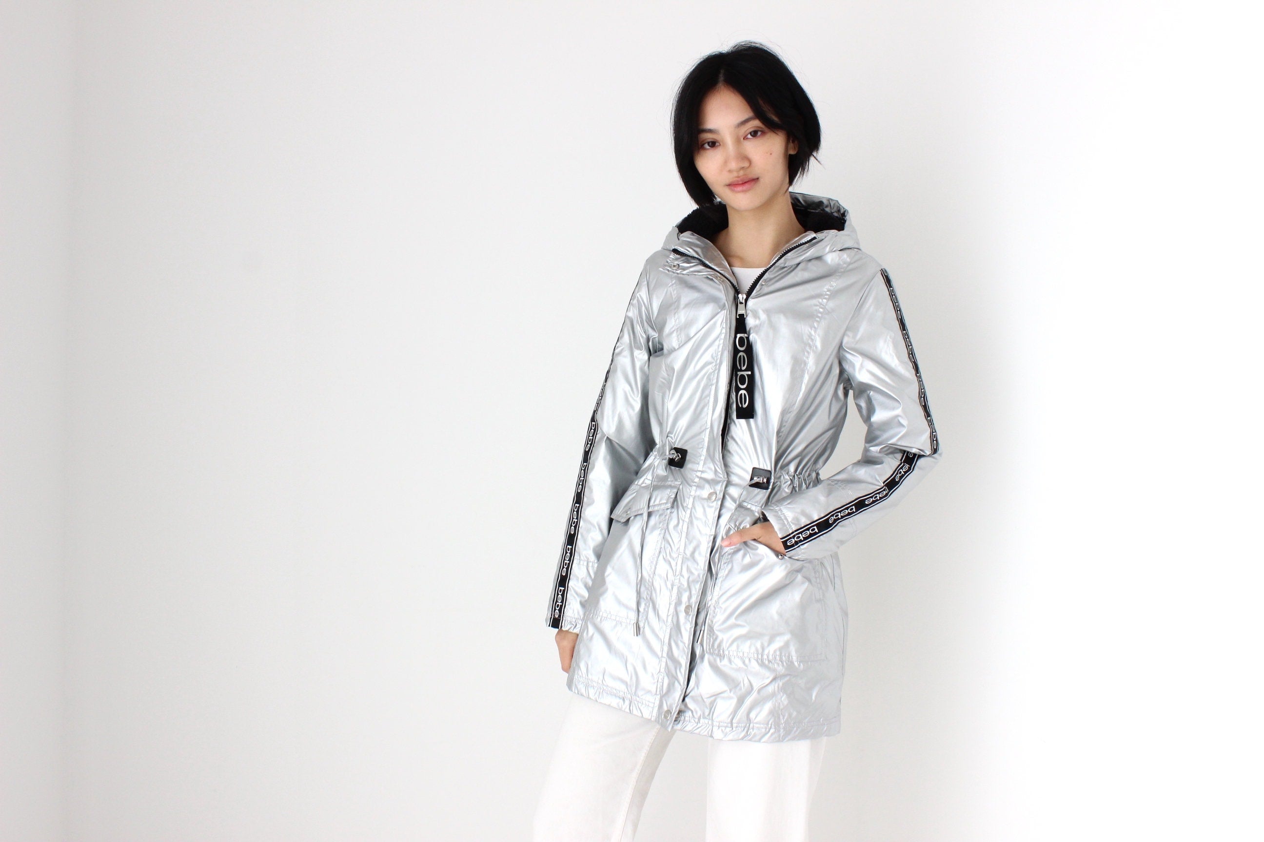 Y2K Bebe Sport Metallic Logo Strip Quilted, Hooded Puffer Jacket