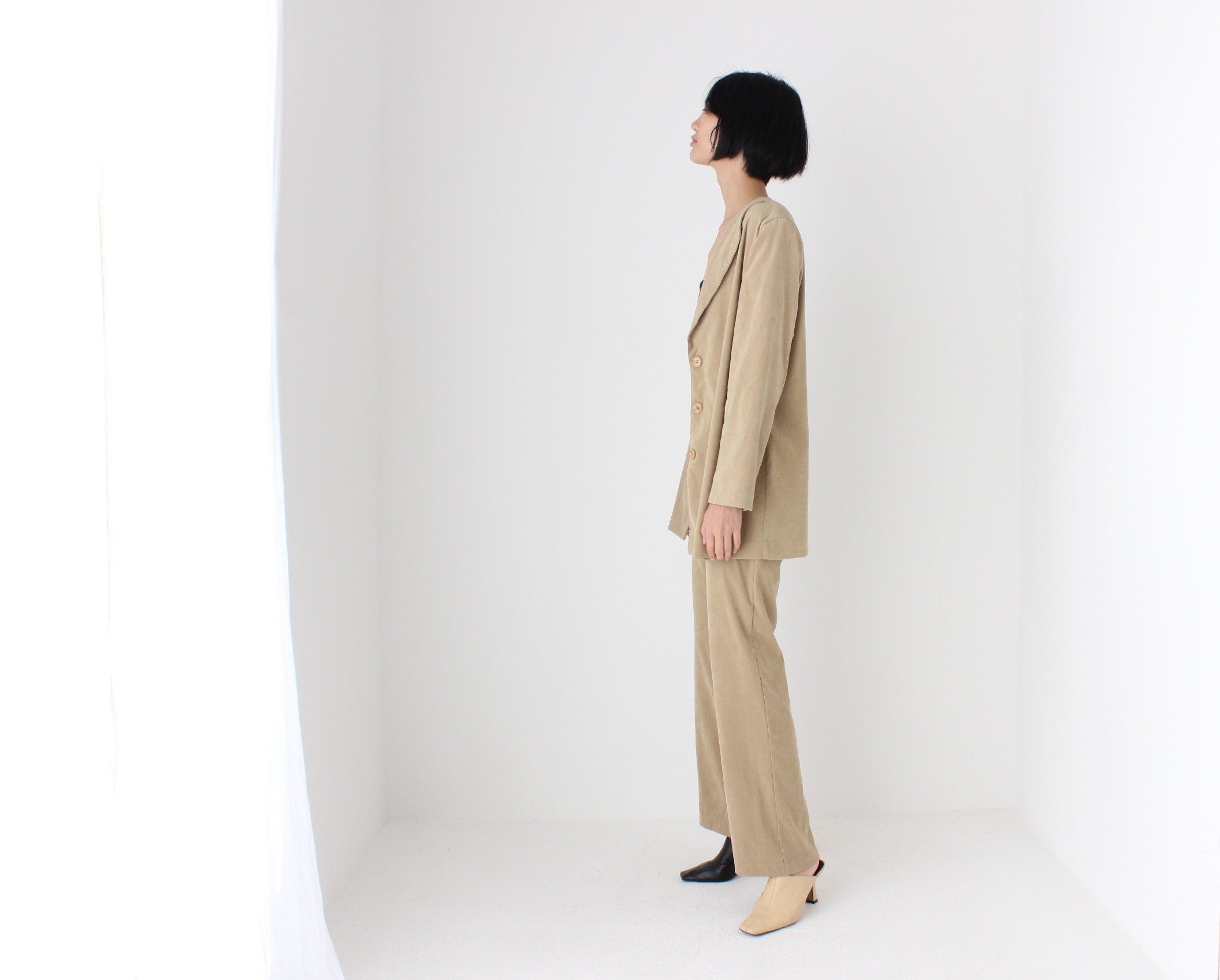 90s Suede Feel Neutral Camel Two Piece Pant Suit