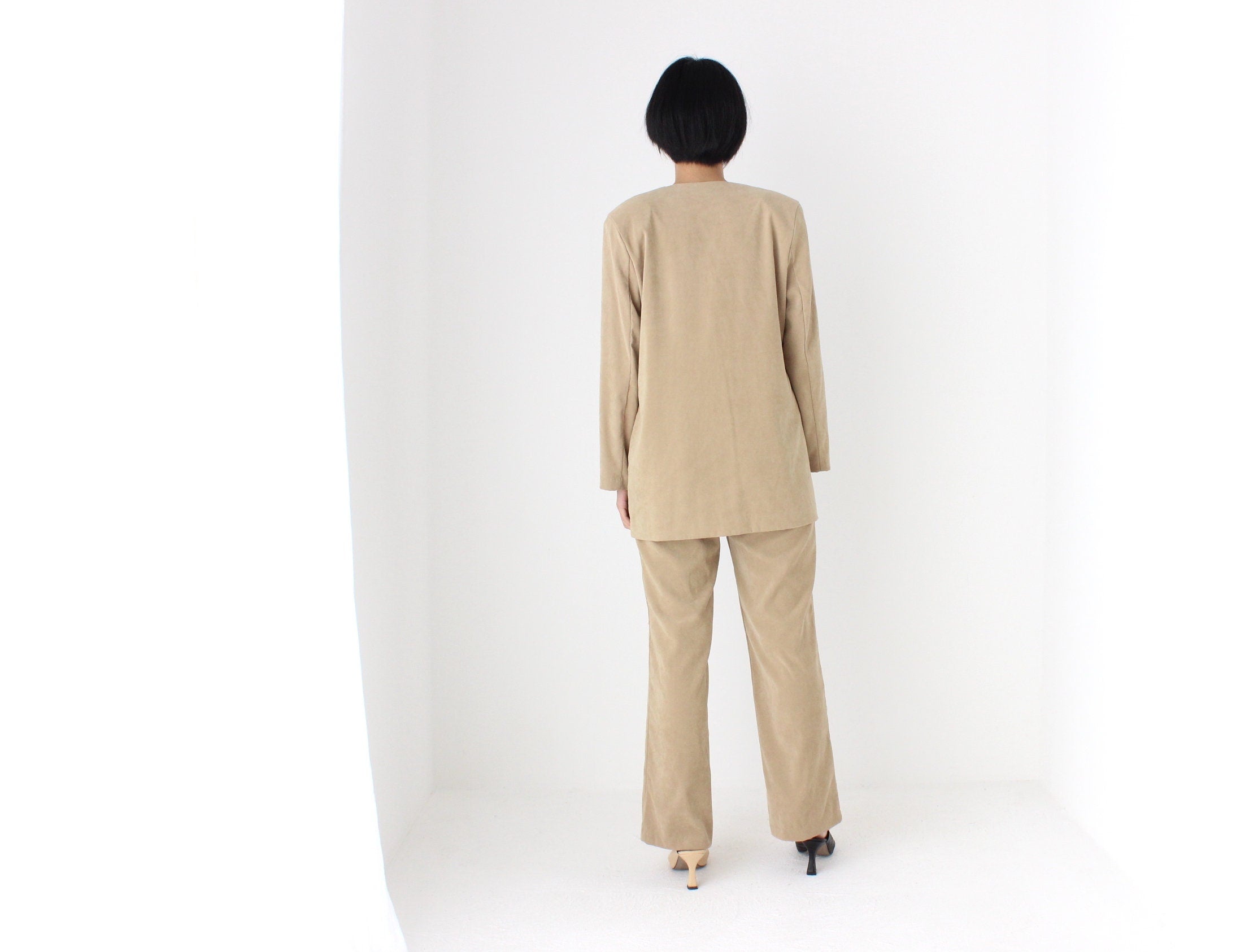 90s Suede Feel Neutral Camel Two Piece Pant Suit