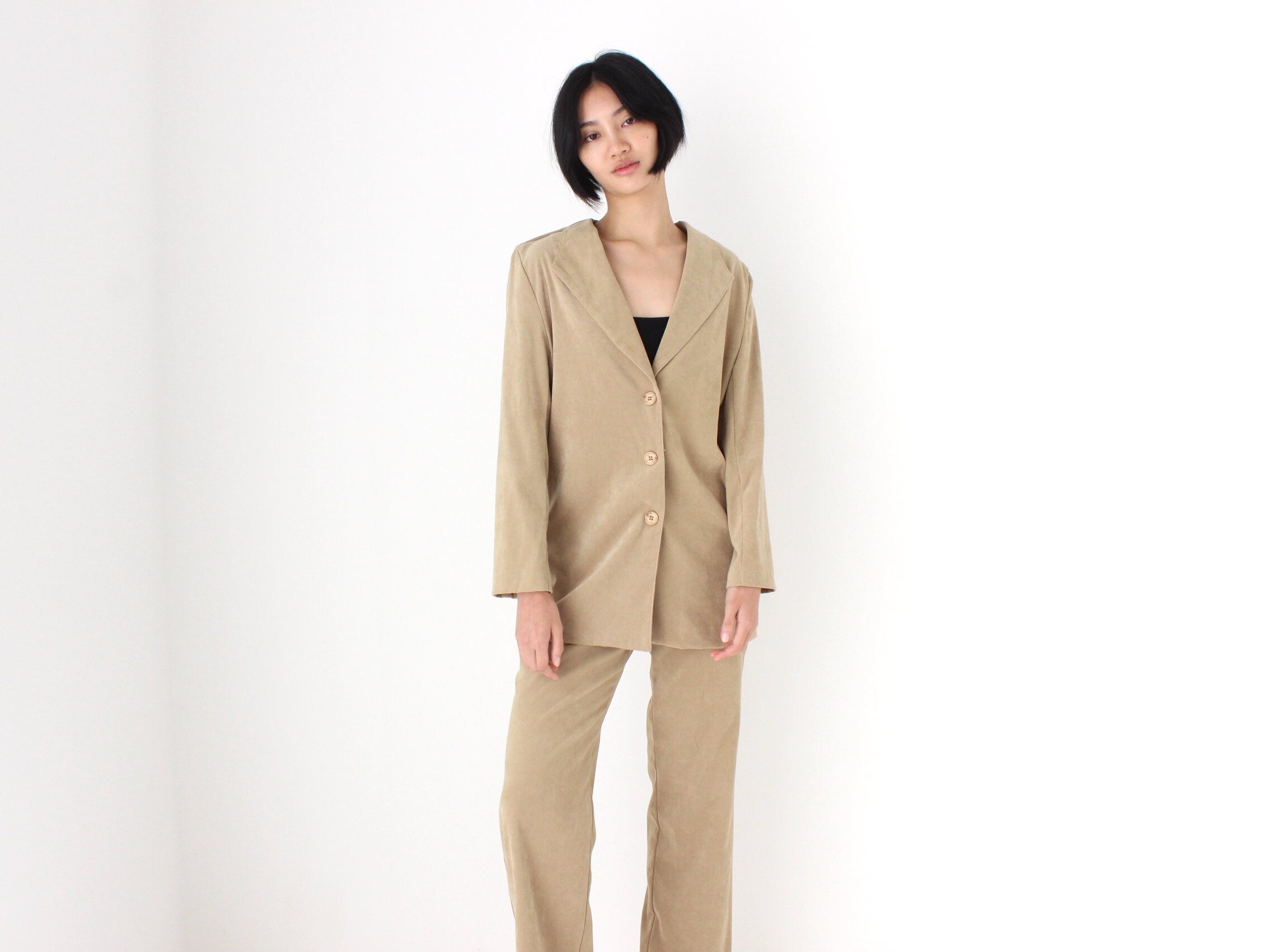 90s Suede Feel Neutral Camel Two Piece Pant Suit