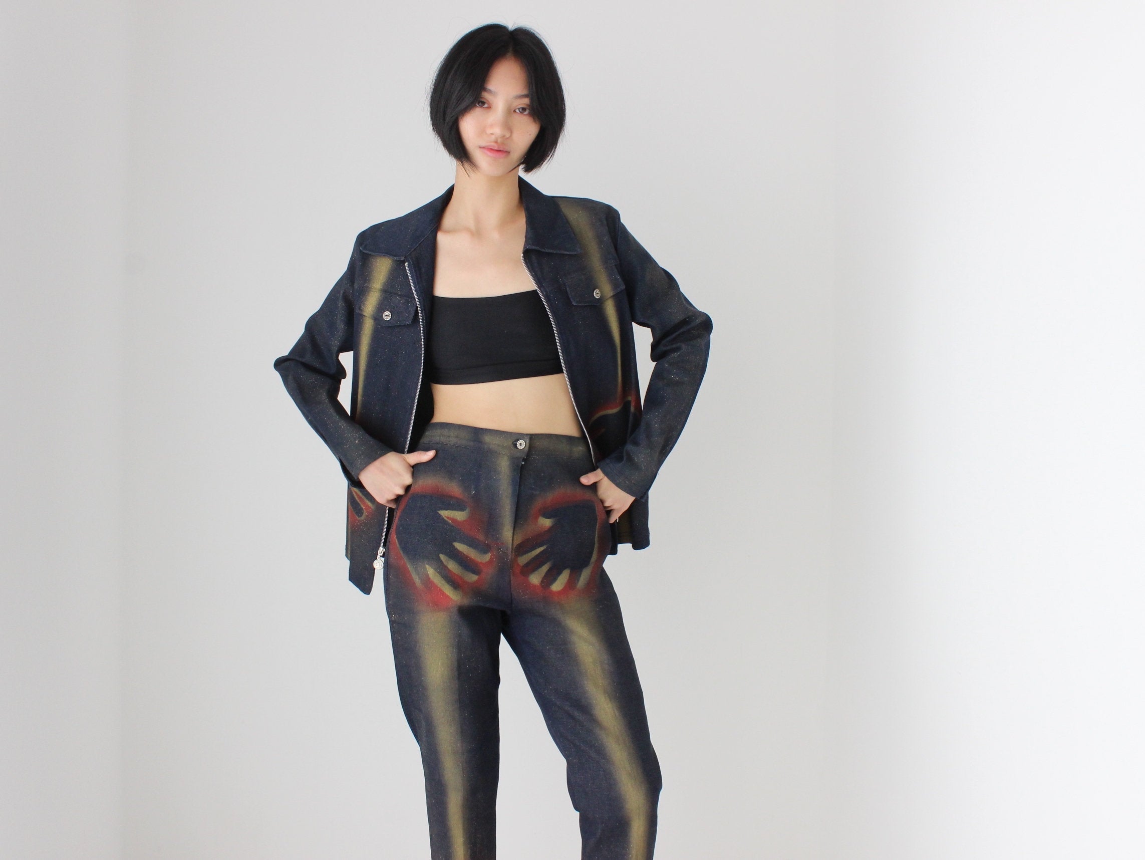 Y2K Wearable Art Spray Painted Hand Print Glitter Denim Set
