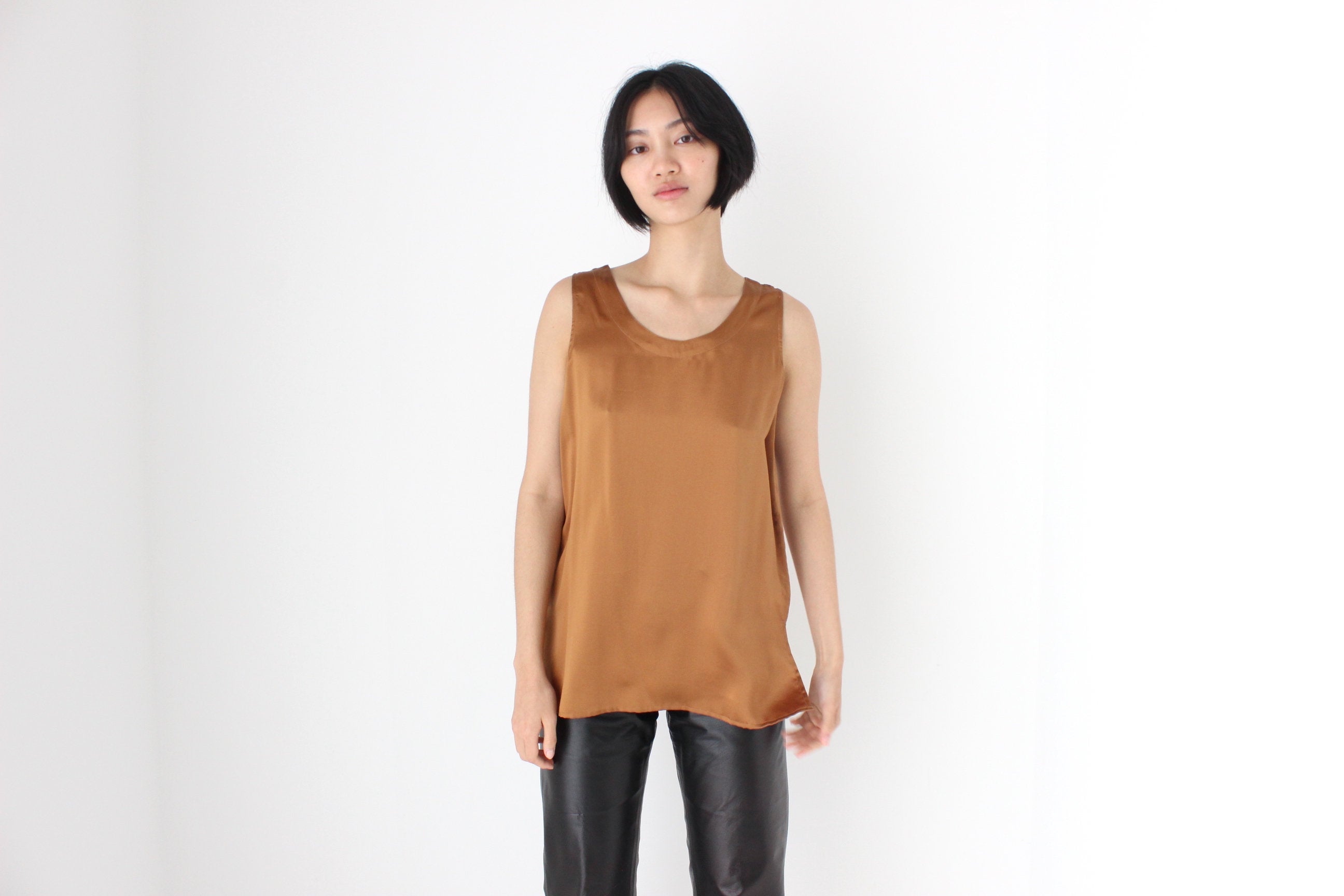90s Pure Silk Sleeveless Tank Top in Caramel