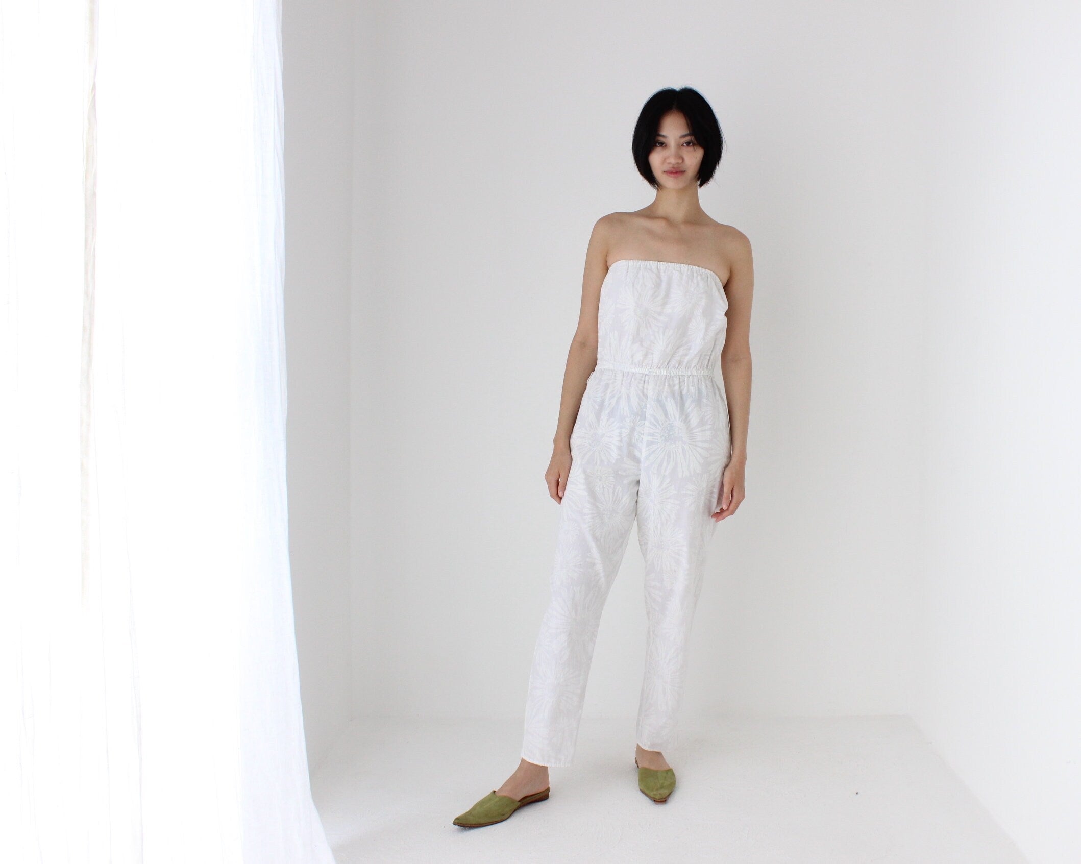 80s Strapless Cotton Jumpsuit w/ Painted Flowers