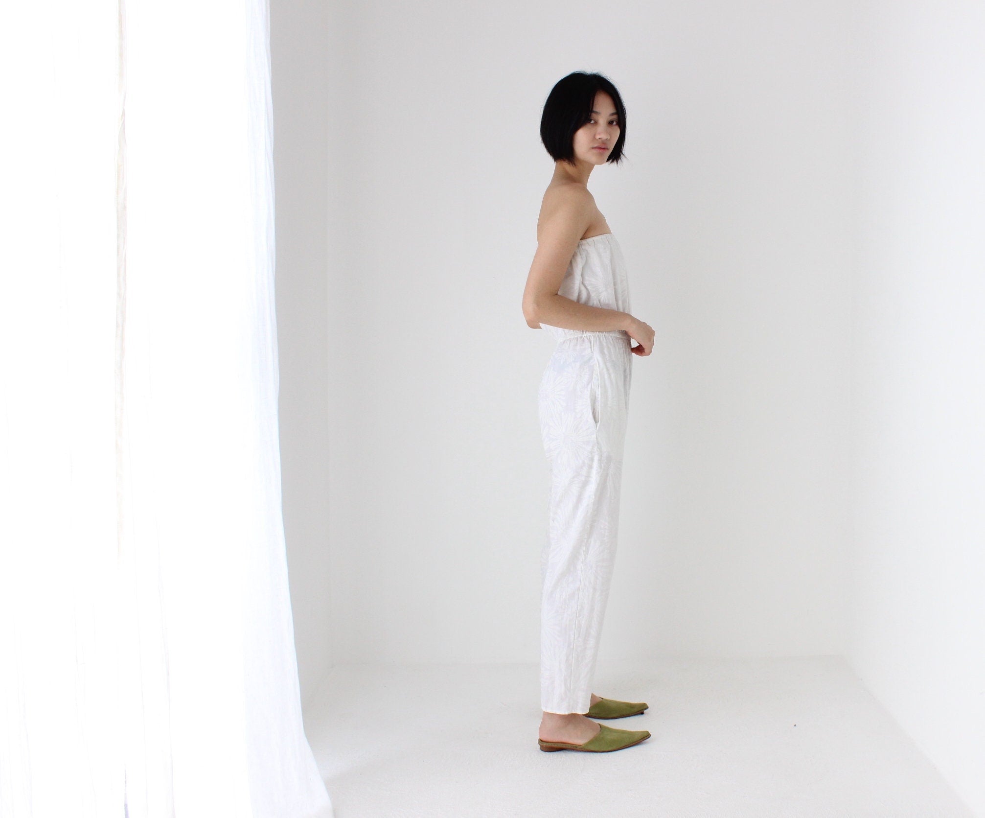 80s Strapless Cotton Jumpsuit w/ Painted Flowers