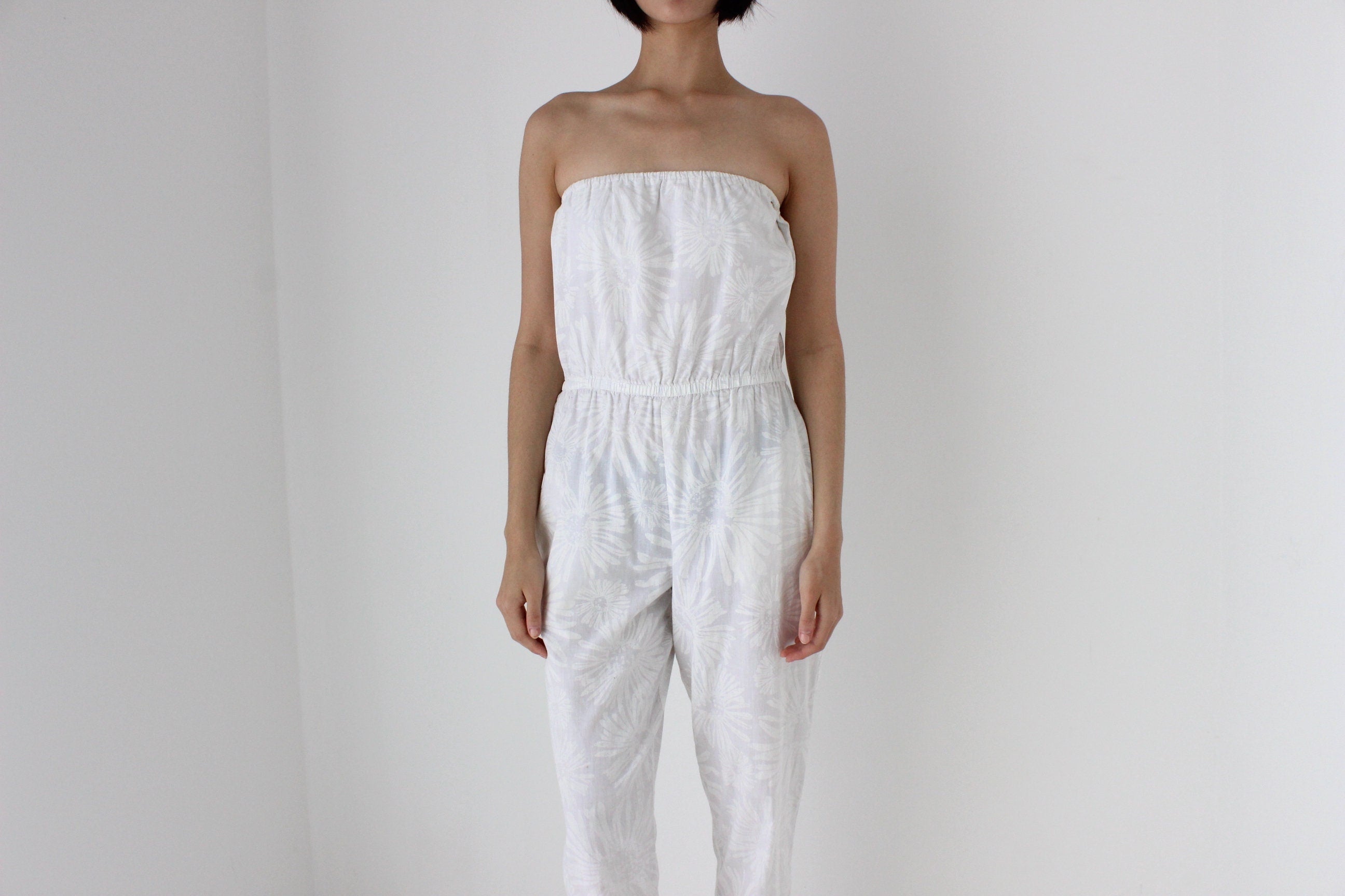 80s Strapless Cotton Jumpsuit w/ Painted Flowers