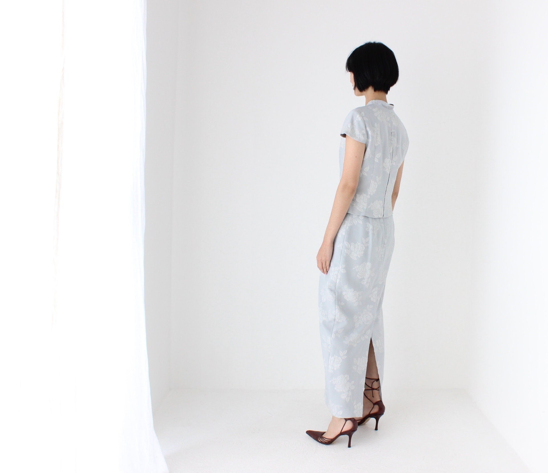 80s Jacquard Rose Embossed Pastel Two Piece Matching Top & Skirt Set