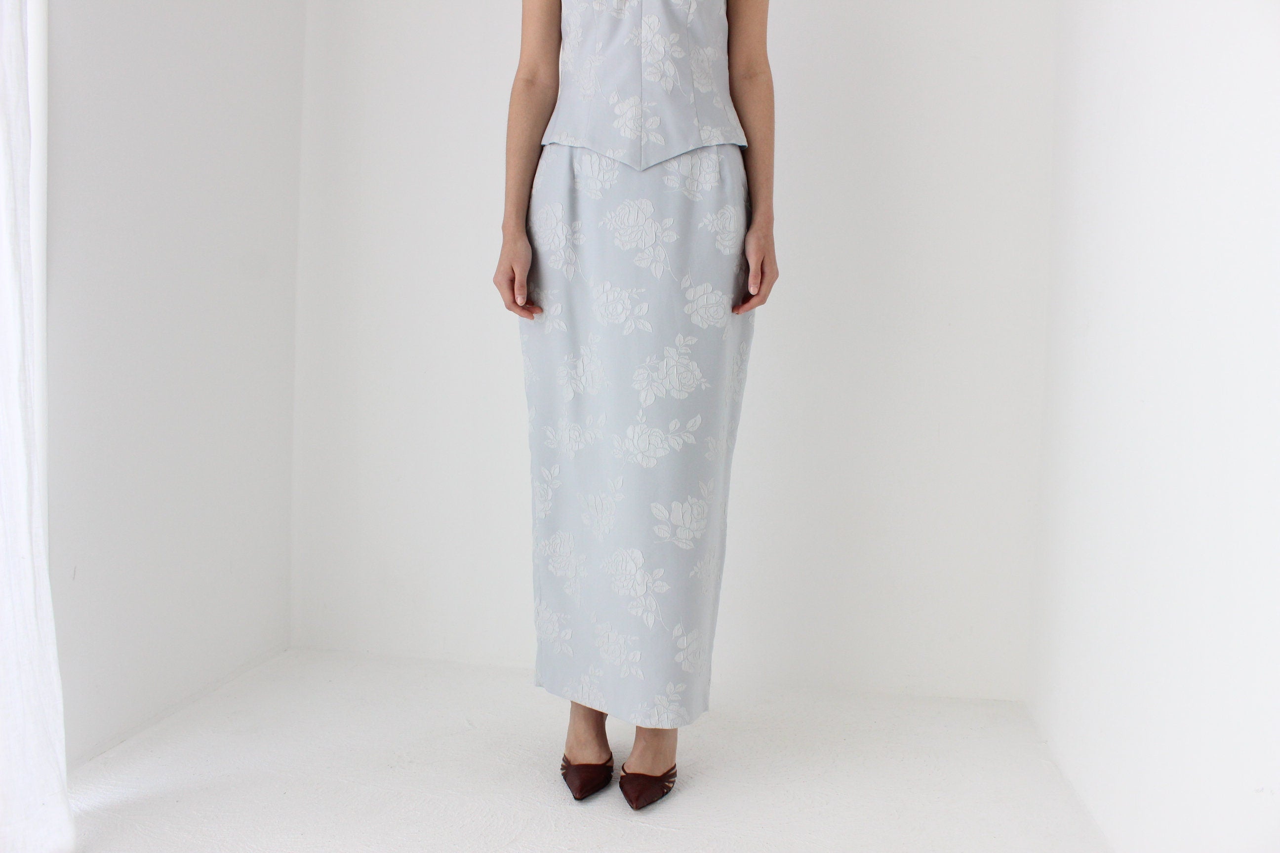 80s Jacquard Rose Embossed Pastel Two Piece Matching Top & Skirt Set