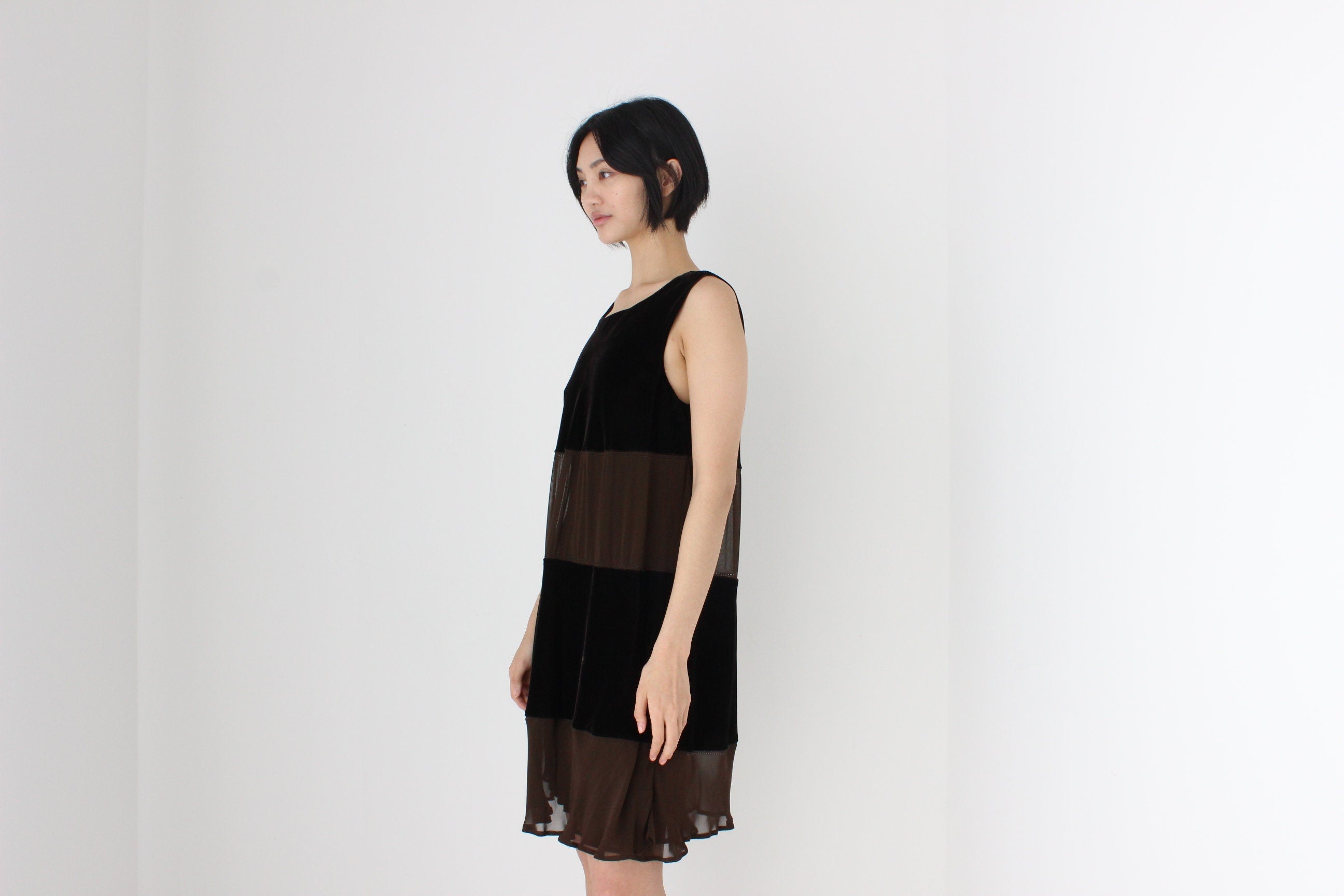 90s Alberta Ferretti Velvet & Crepe Chocolate Panel Relaxed Mini