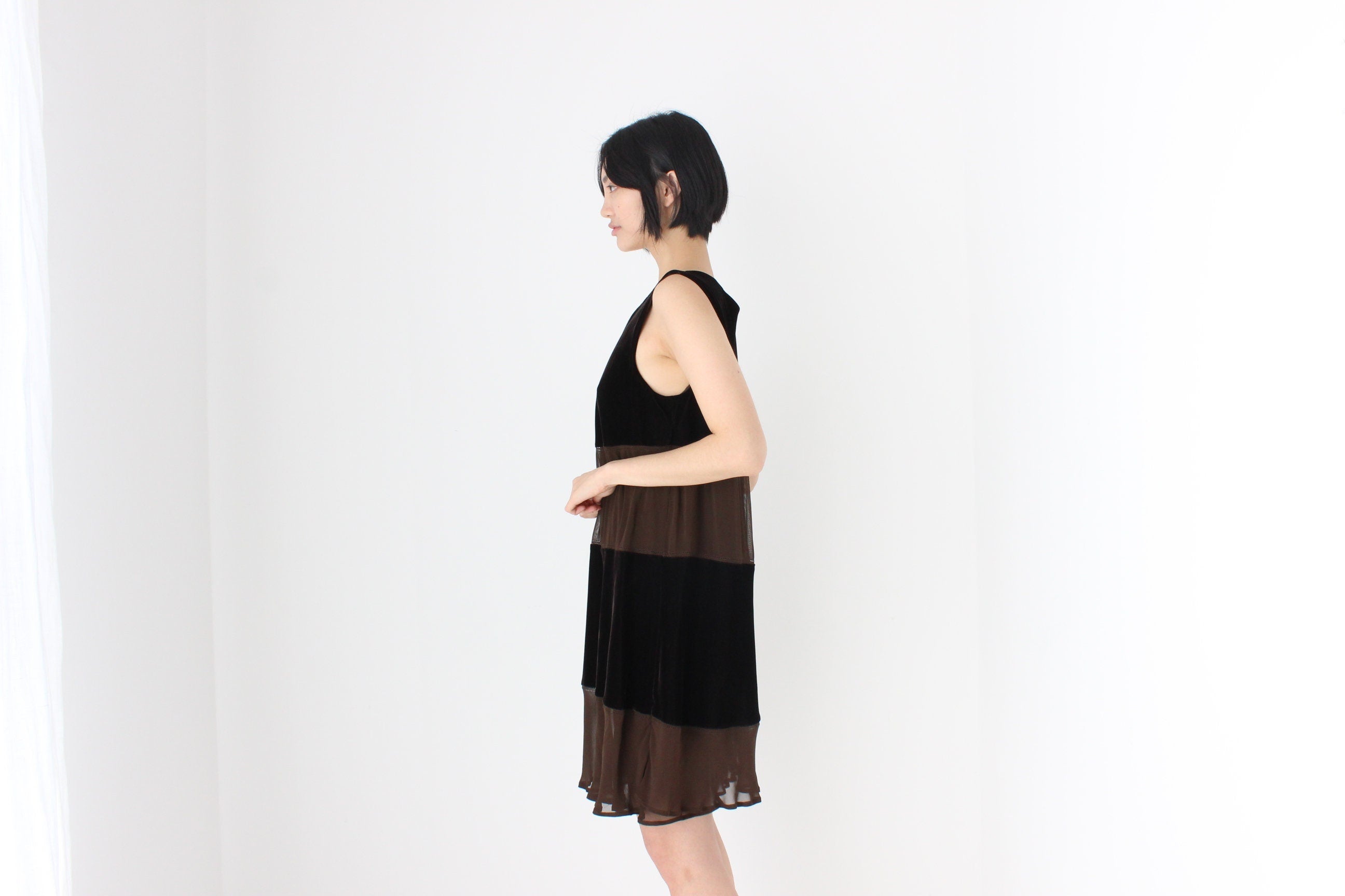 90s Alberta Ferretti Velvet & Crepe Chocolate Panel Relaxed Mini