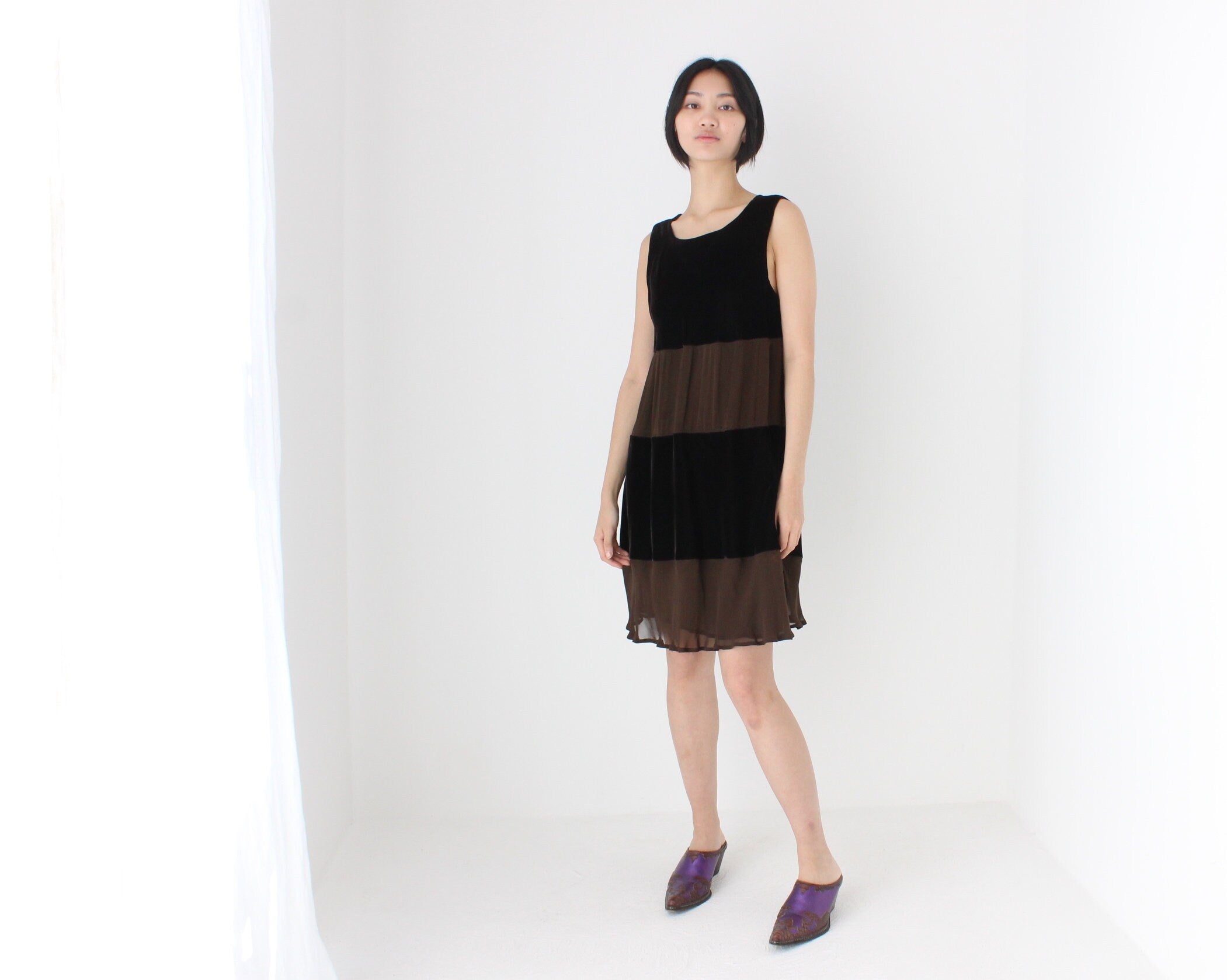 90s Alberta Ferretti Velvet & Crepe Chocolate Panel Relaxed Mini