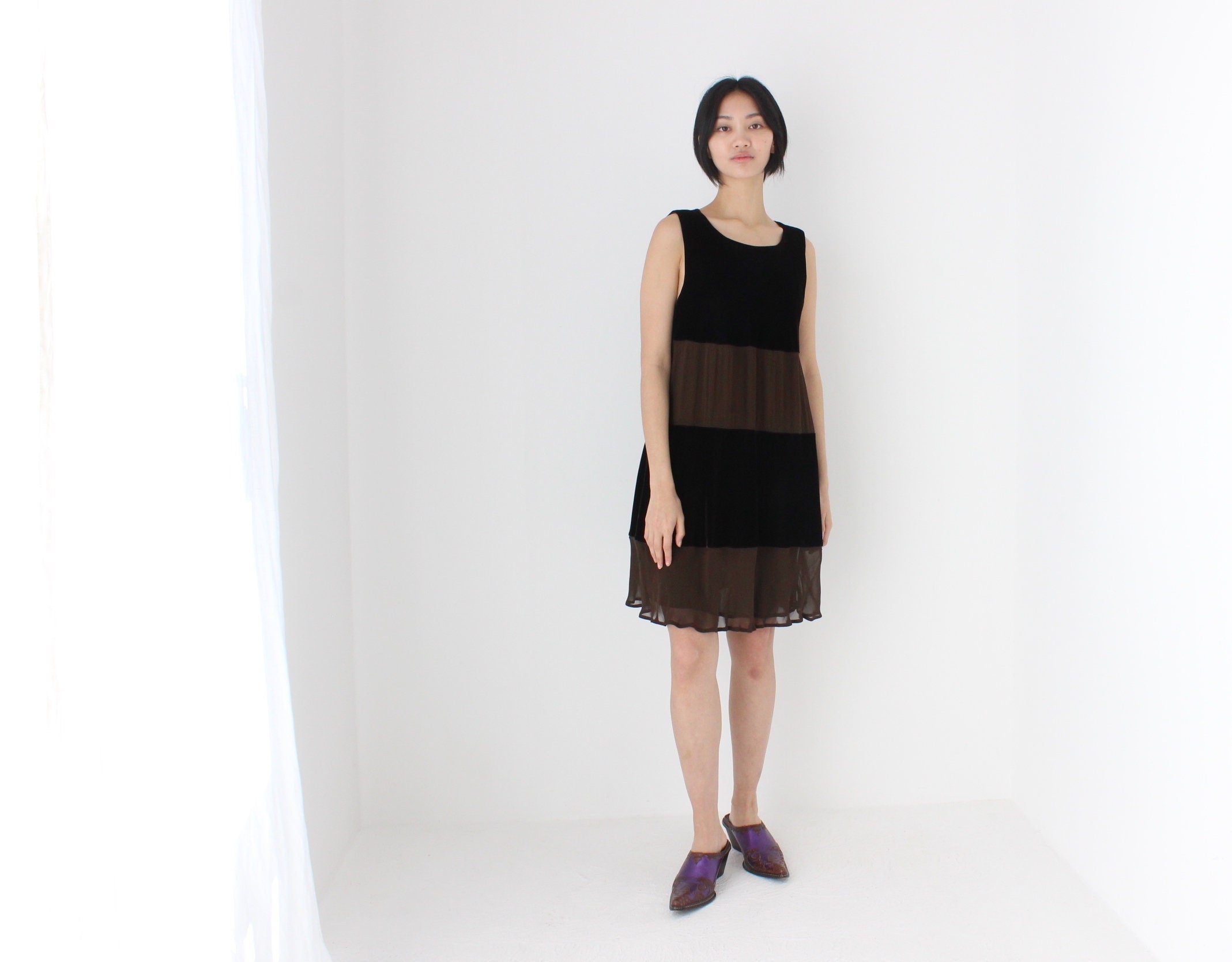 90s Alberta Ferretti Velvet & Crepe Chocolate Panel Relaxed Mini