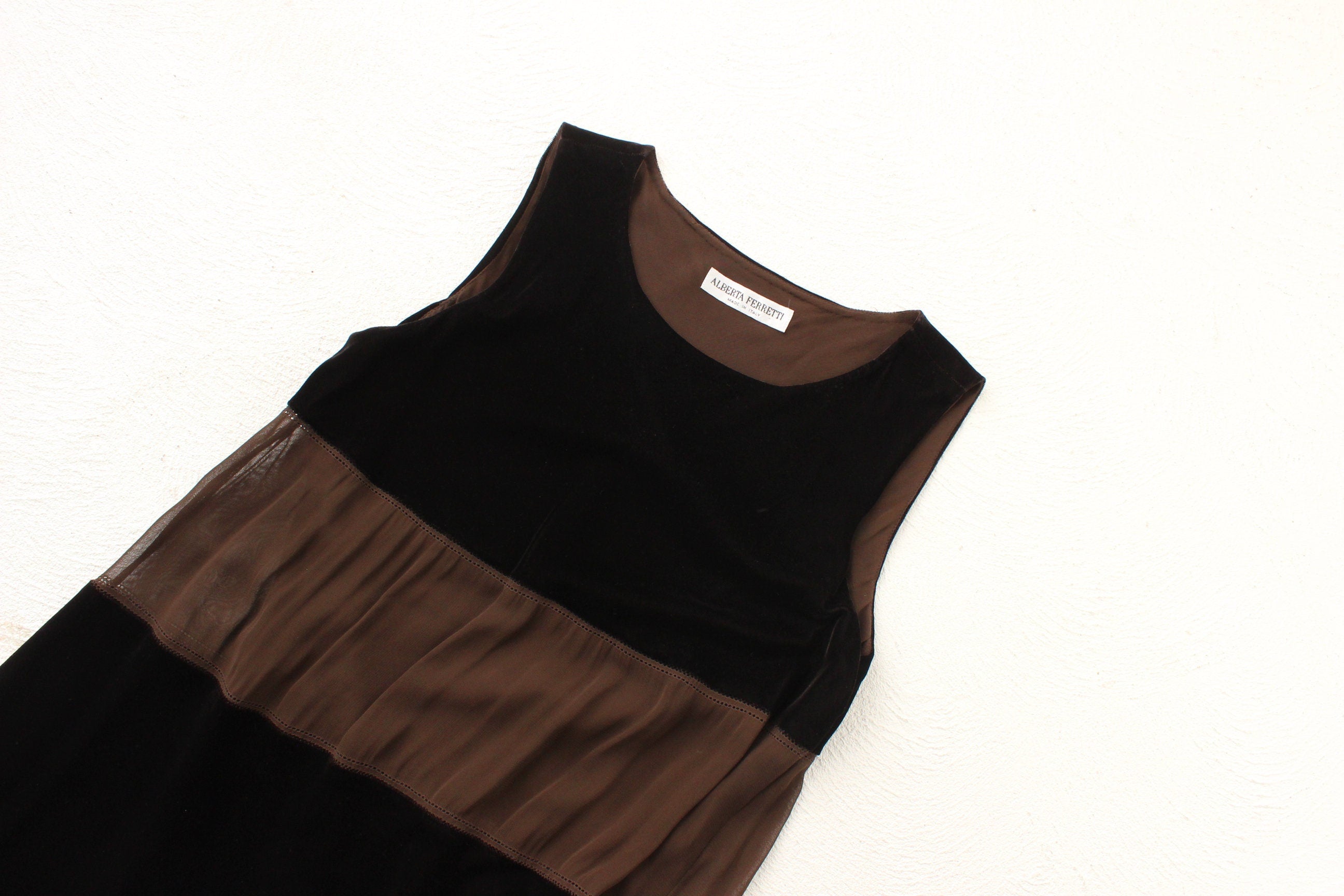 90s Alberta Ferretti Velvet & Crepe Chocolate Panel Relaxed Mini