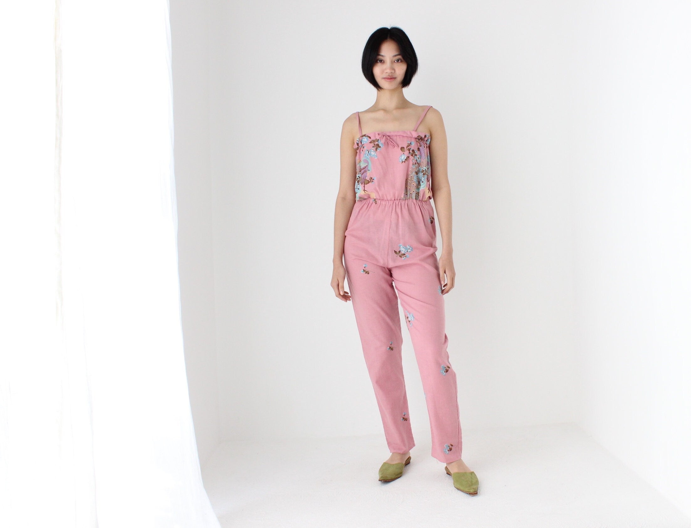 80s Dorothy Perkins Pastel Peacock Cotton Jumpsuit