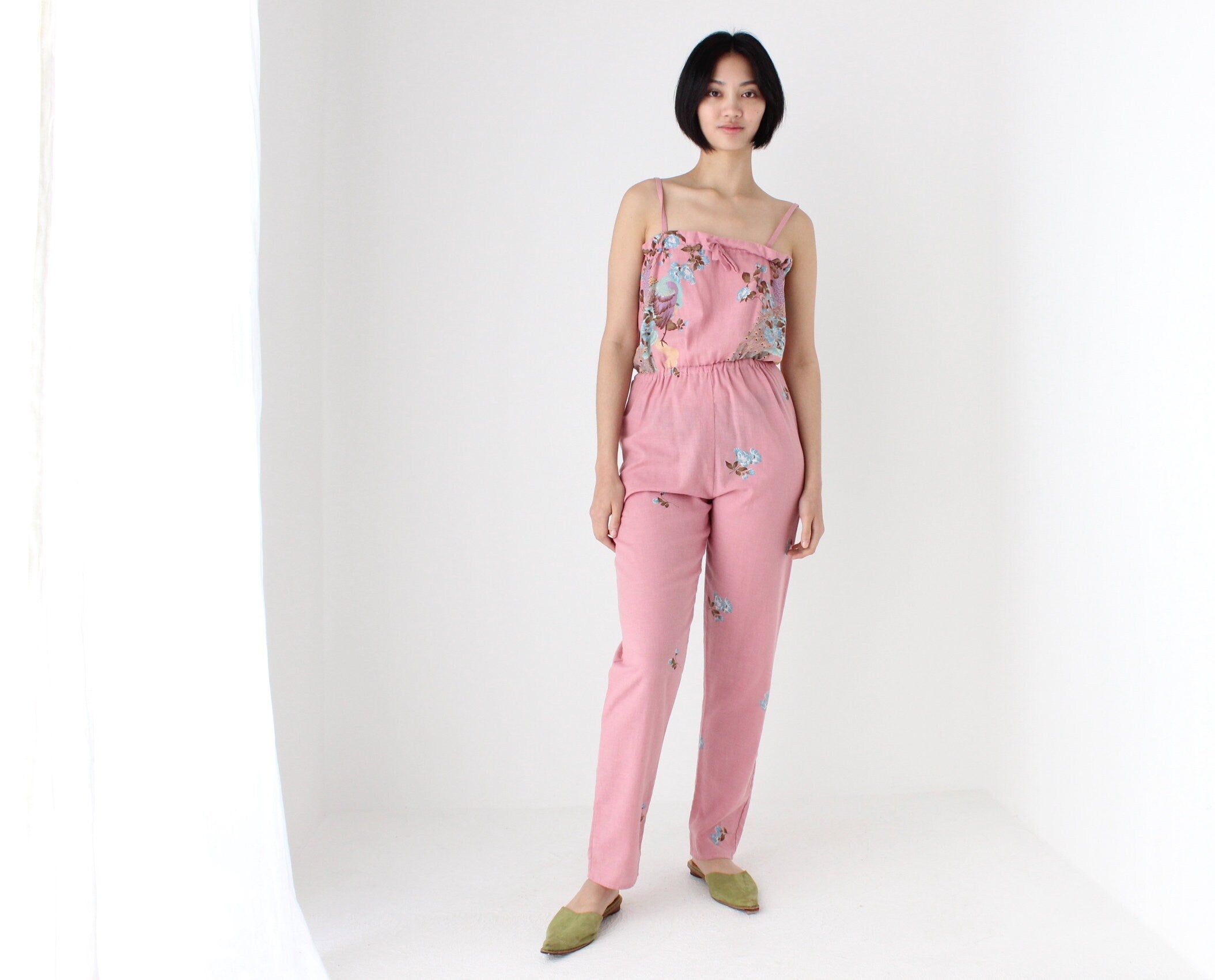 80s Dorothy Perkins Pastel Peacock Cotton Jumpsuit
