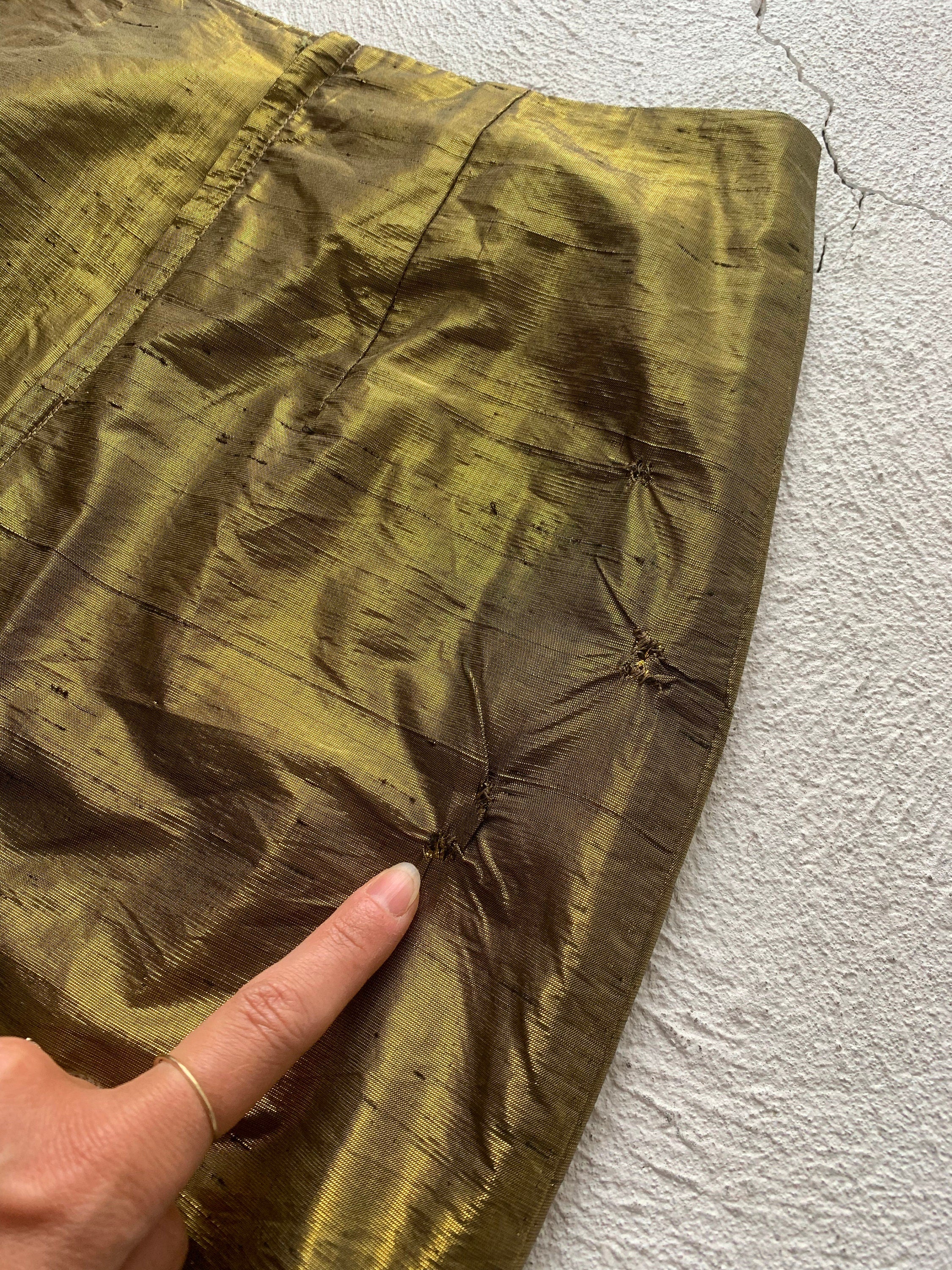 80s Raw Silk Metallic High Waist Trumpet Hem Skirt