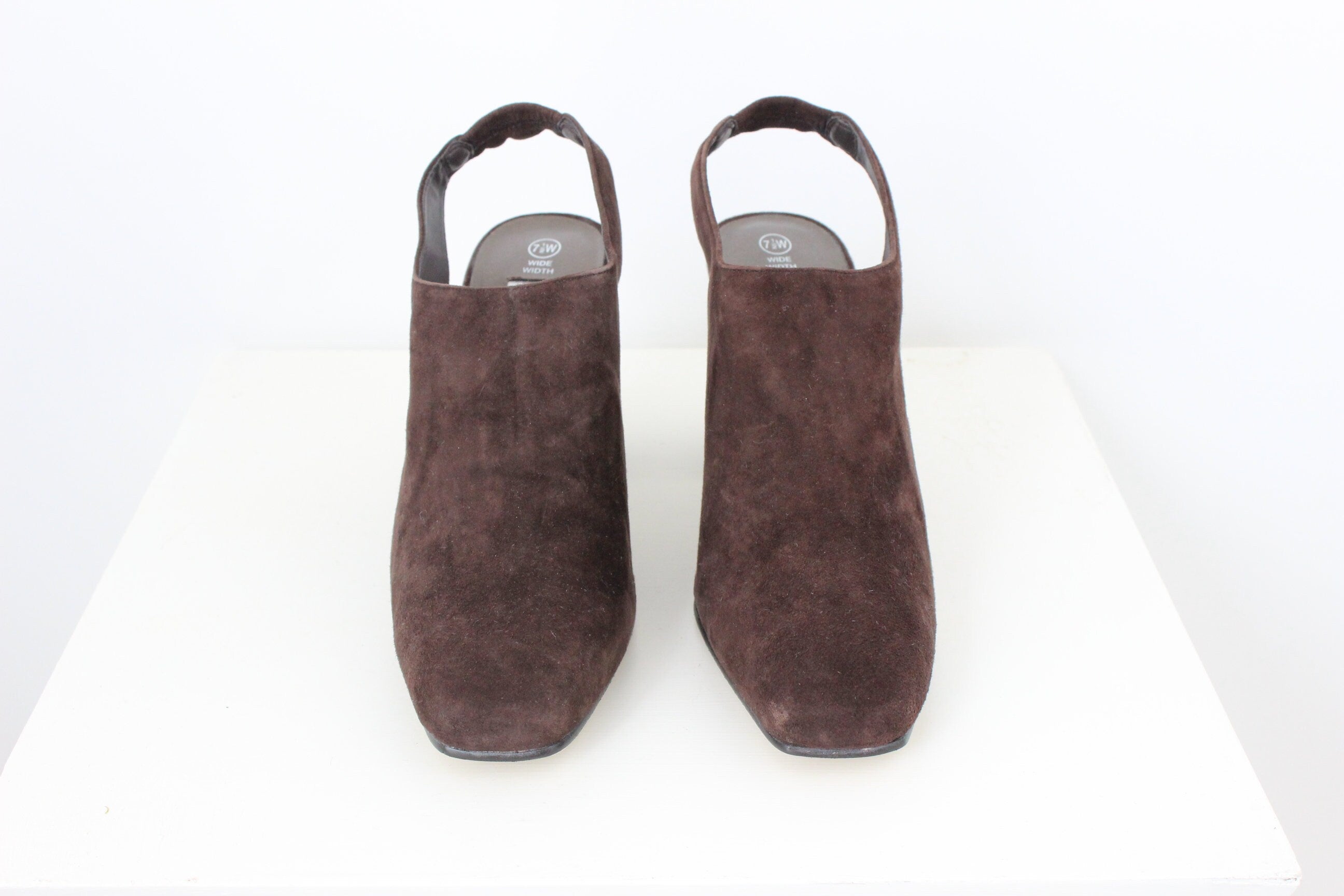 90s Chocolate Suede Square Toe Slingback Heels - Euro 37