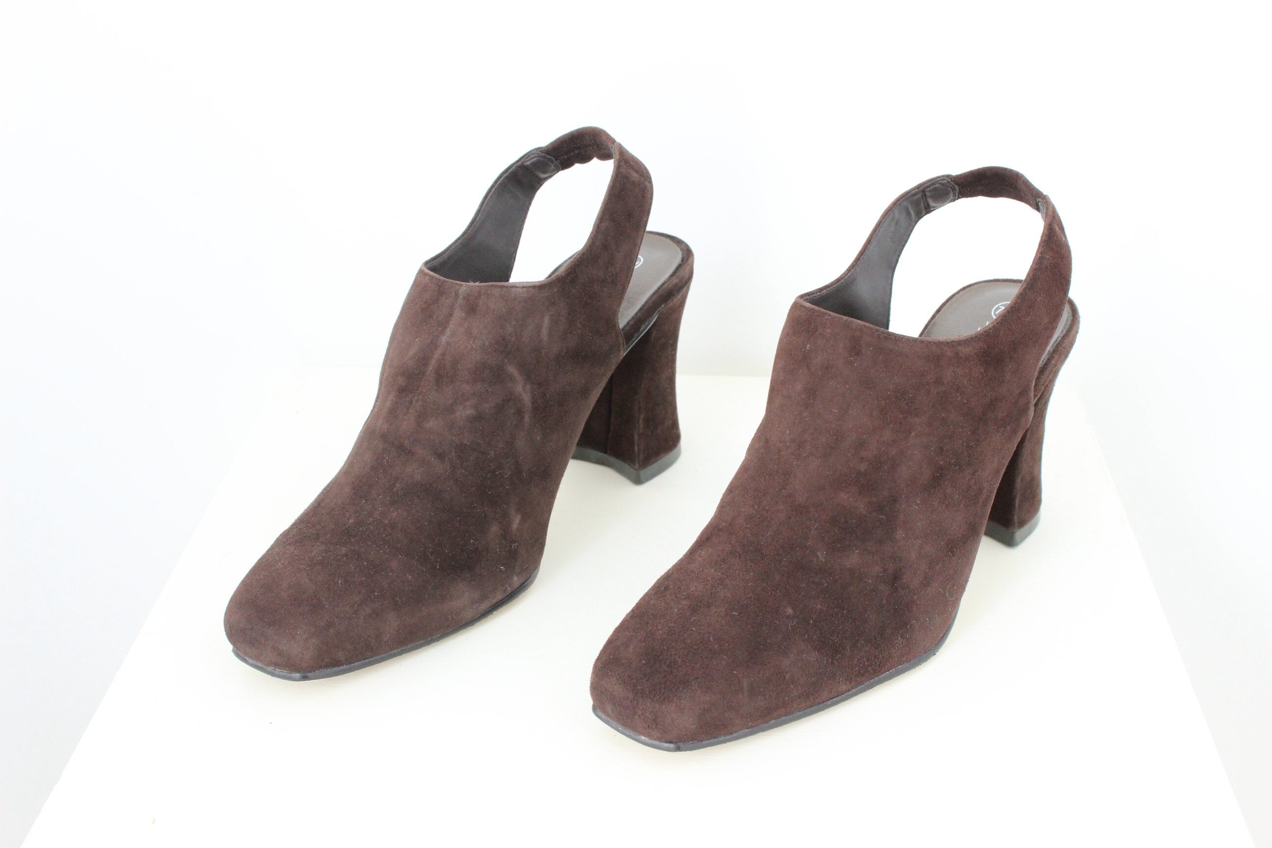 90s Chocolate Suede Square Toe Slingback Heels - Euro 37