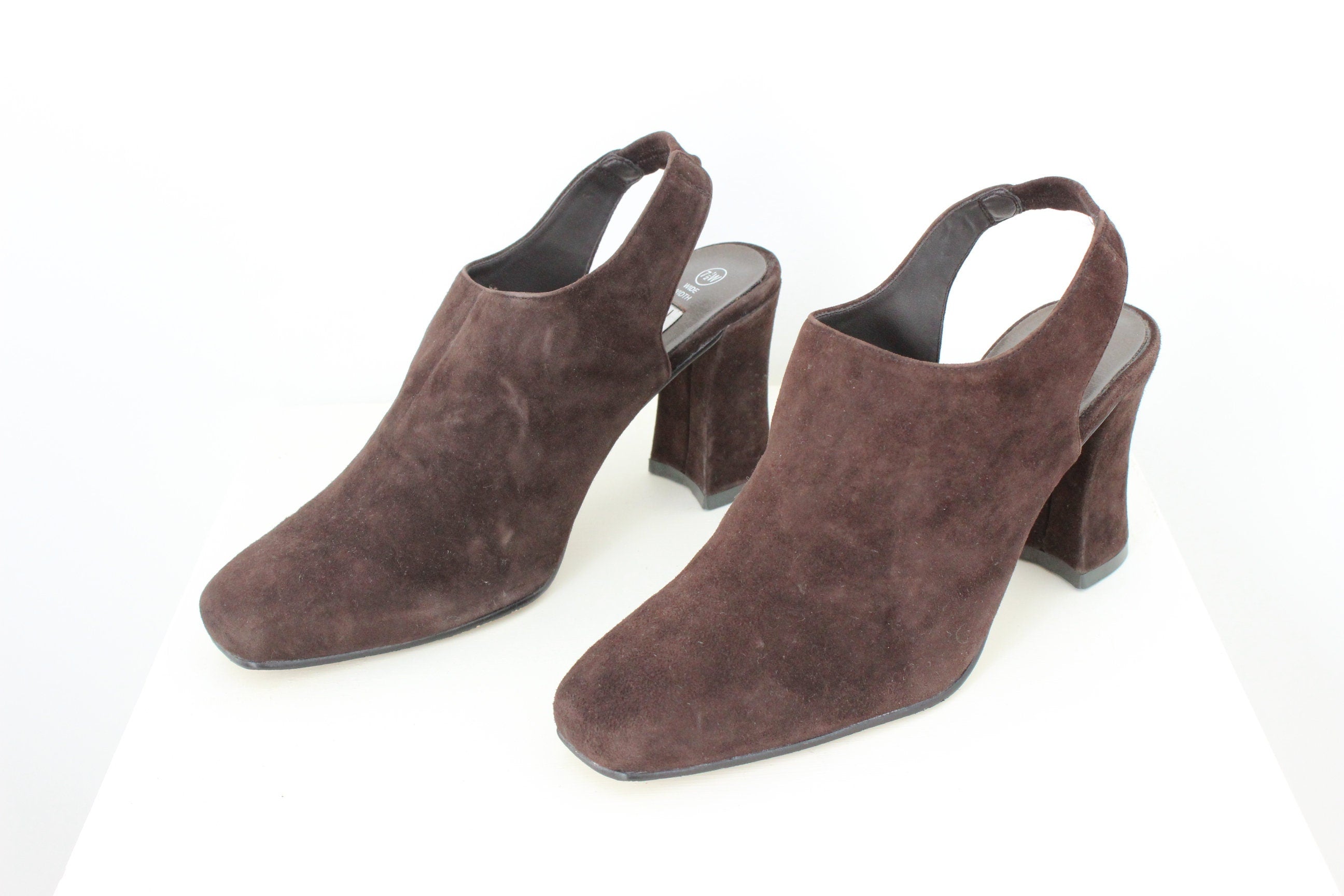 90s Chocolate Suede Square Toe Slingback Heels - Euro 37