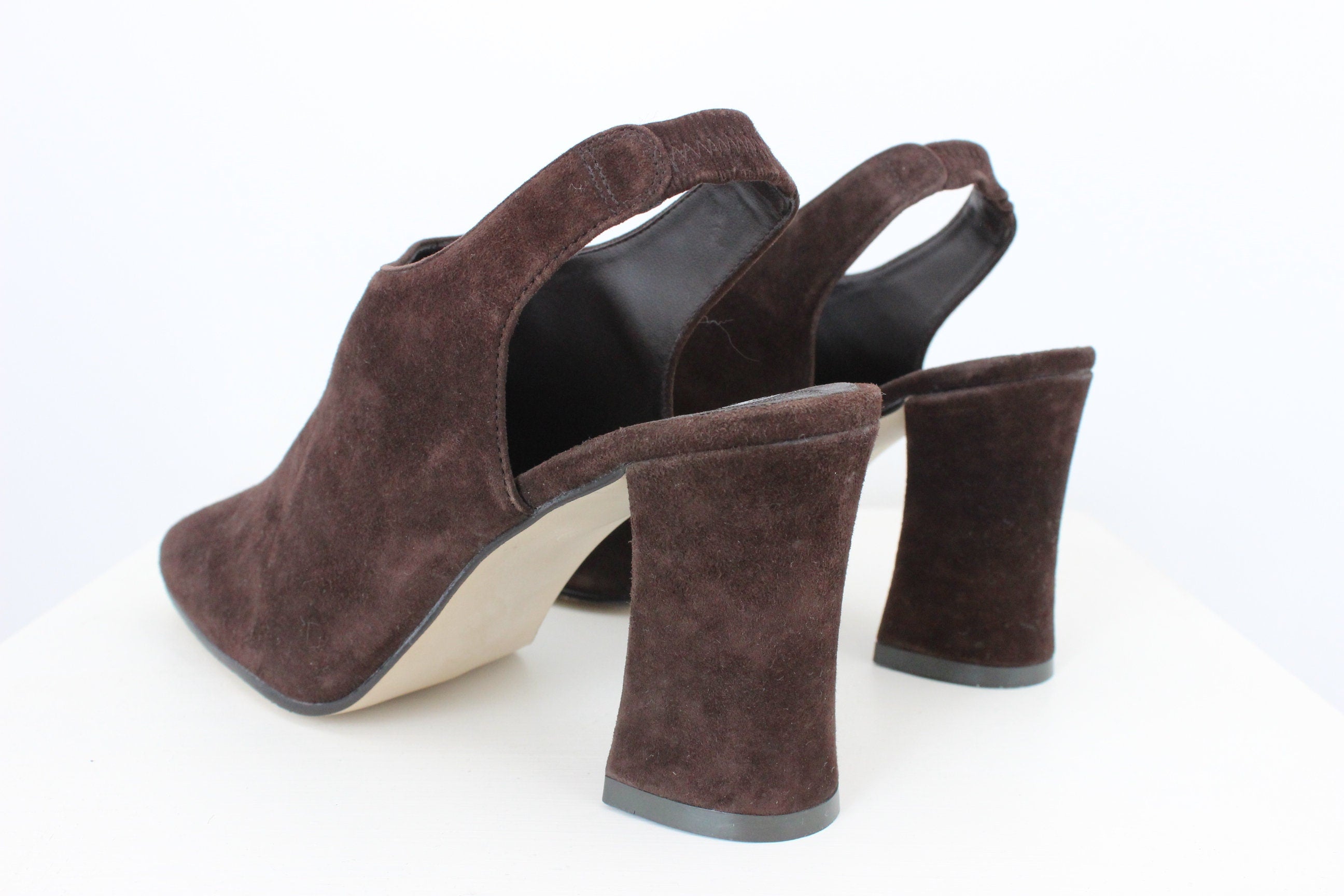 90s Chocolate Suede Square Toe Slingback Heels - Euro 37
