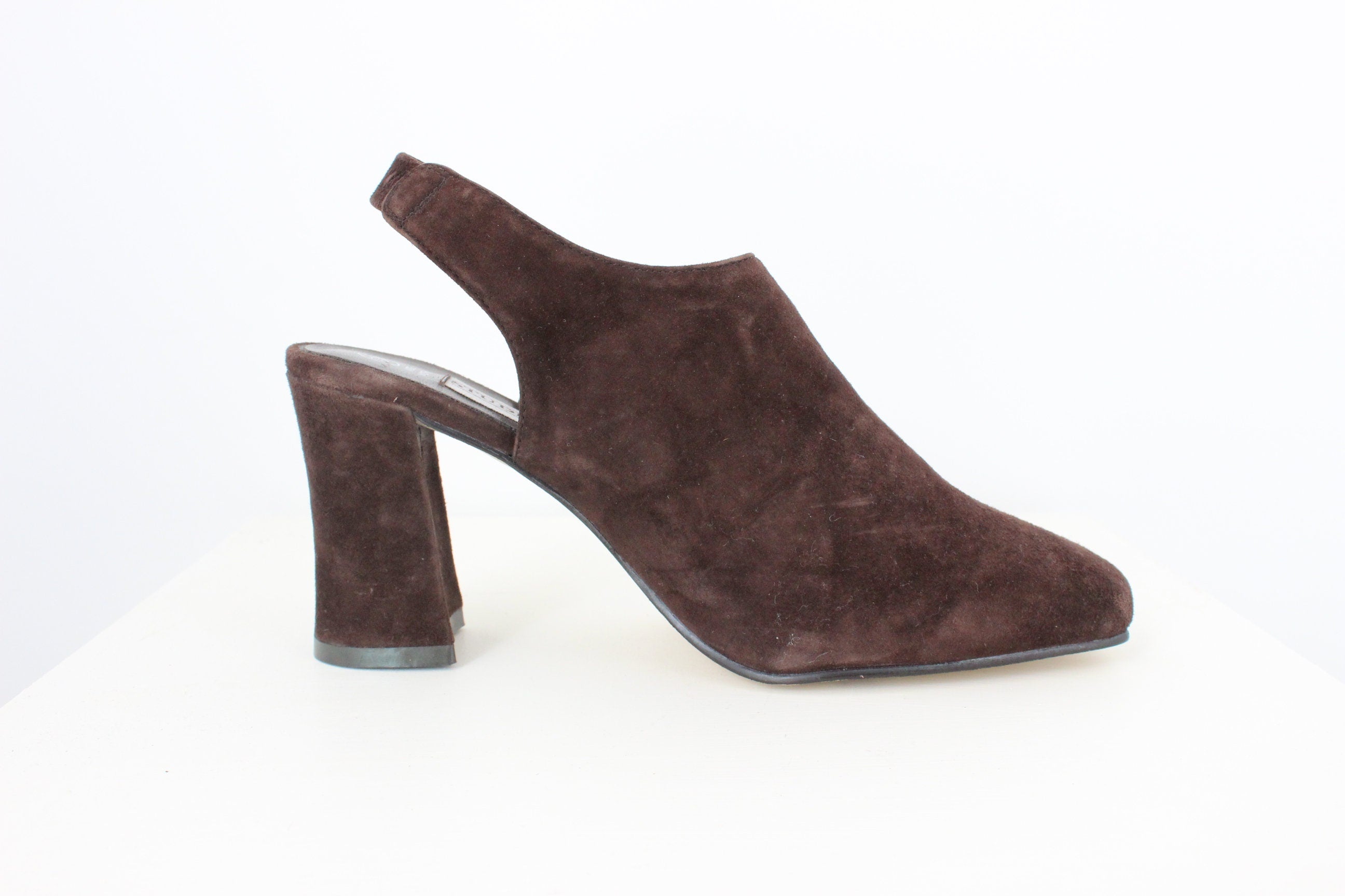 90s Chocolate Suede Square Toe Slingback Heels - Euro 37