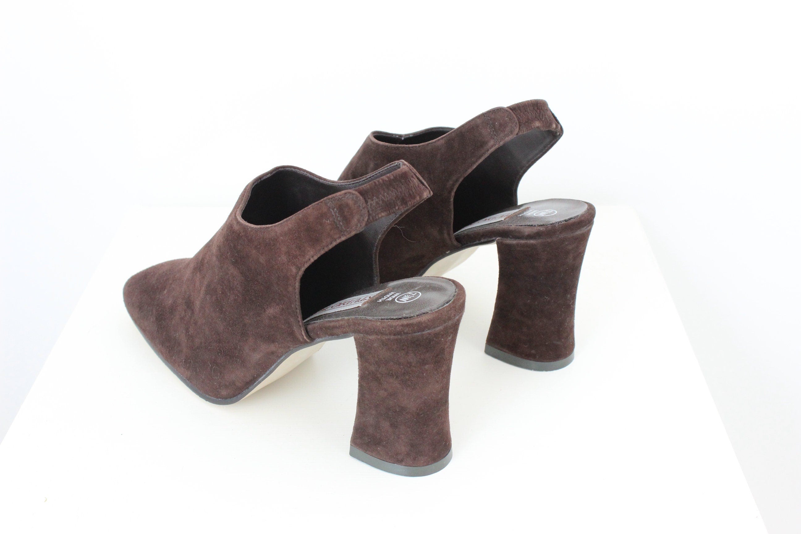 90s Chocolate Suede Square Toe Slingback Heels - Euro 37