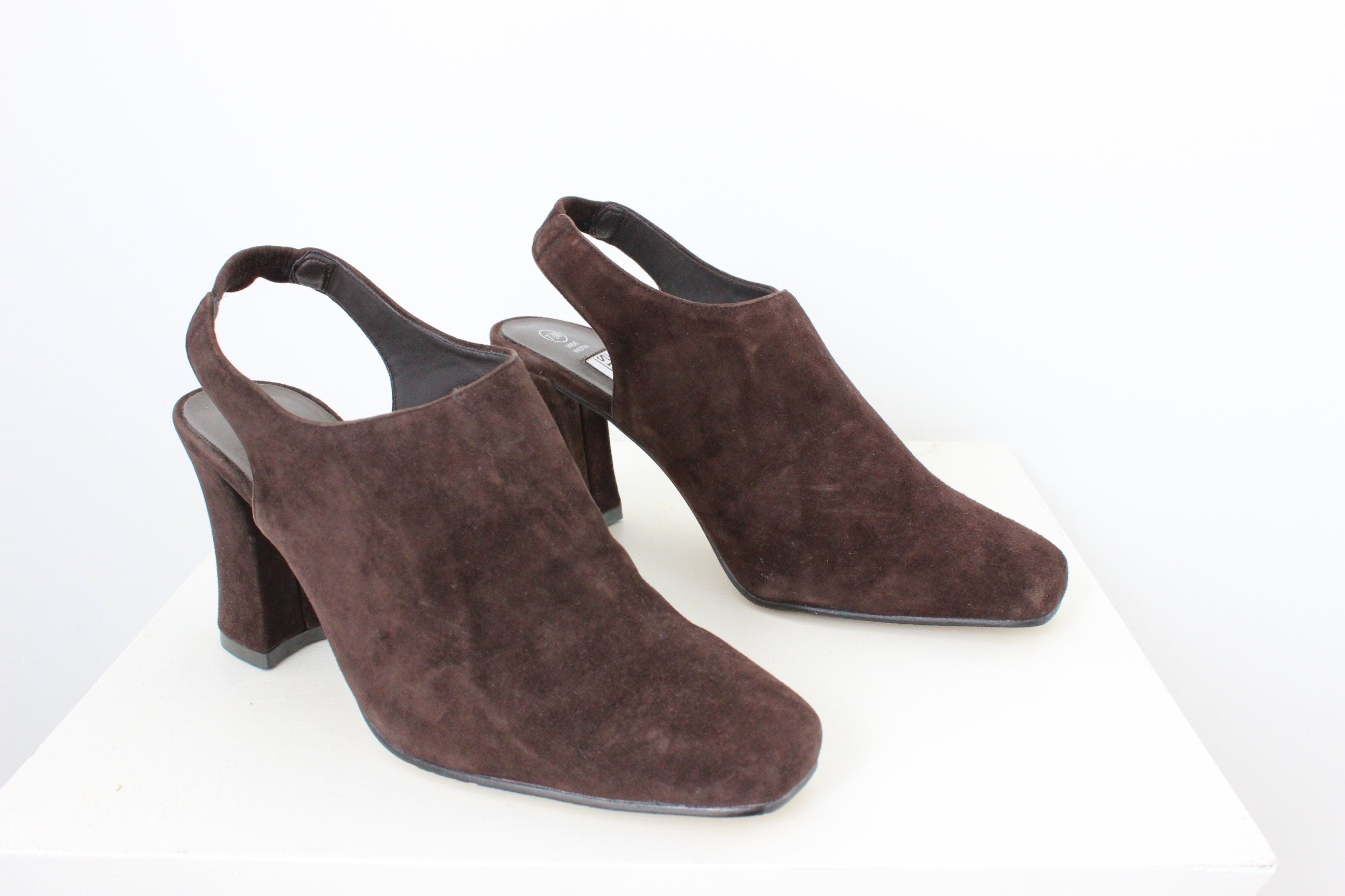 90s Chocolate Suede Square Toe Slingback Heels - Euro 37