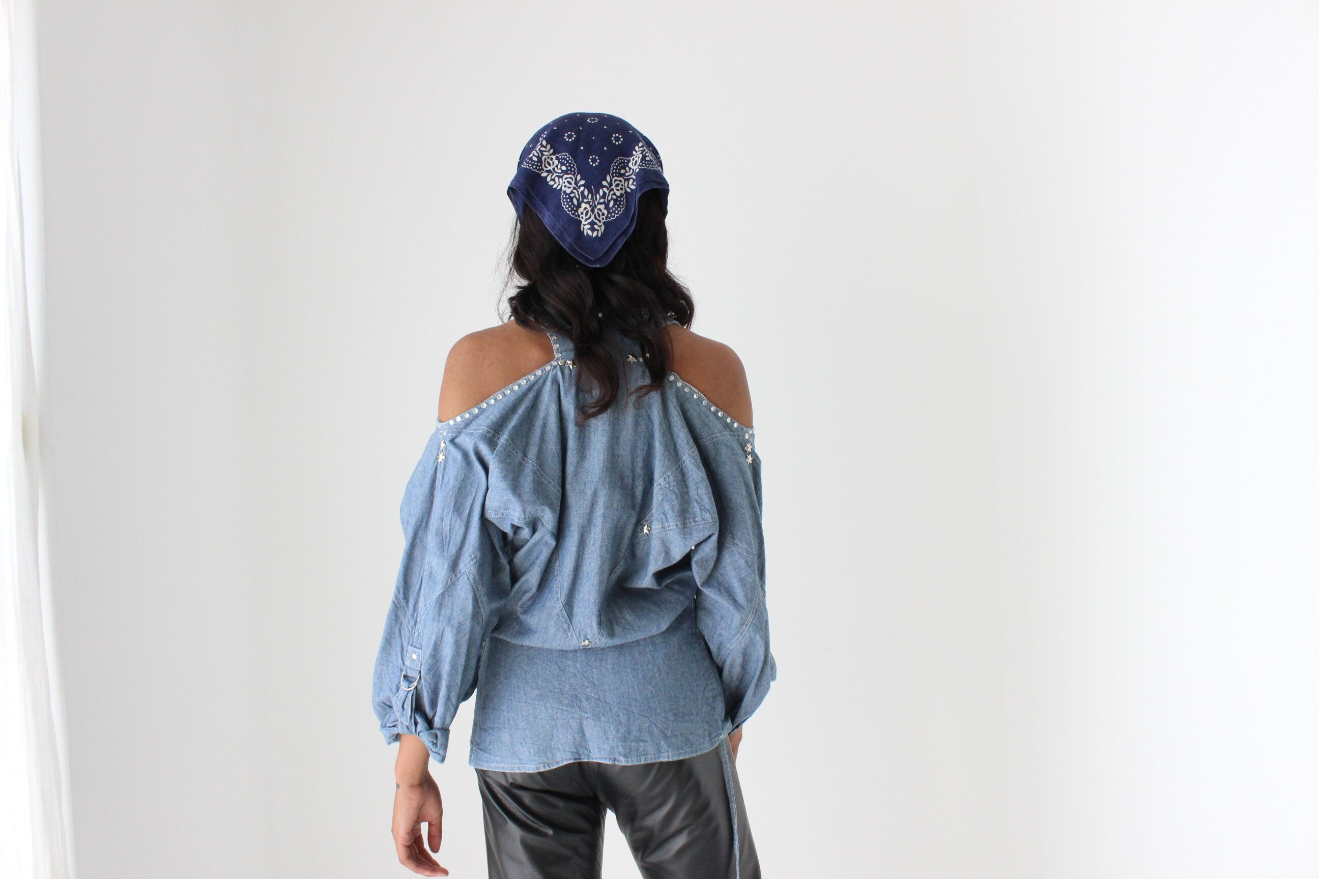 80s Denim Cowgirl Studded Cold Shoulder Wrap Top