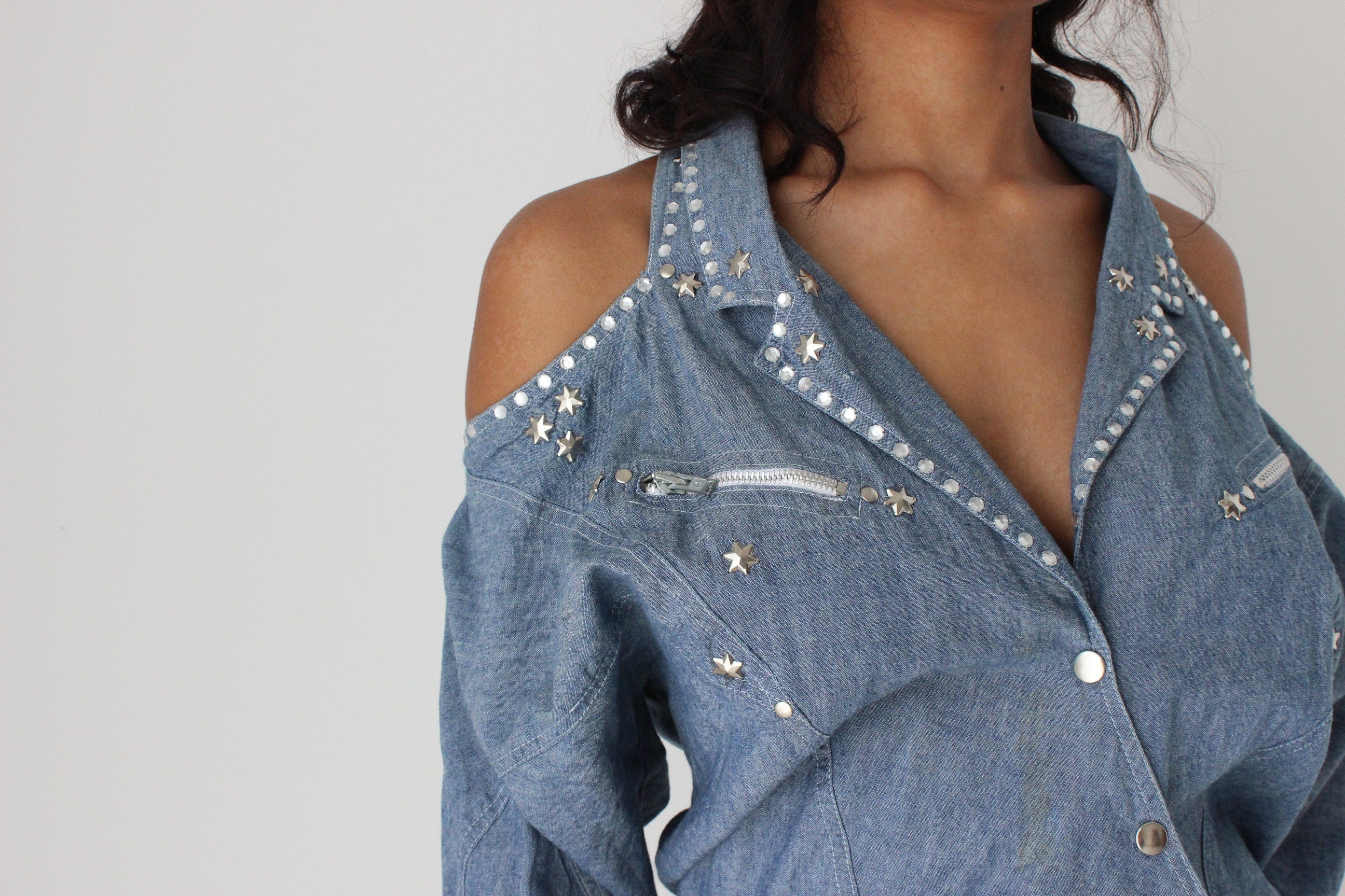 80s Denim Cowgirl Studded Cold Shoulder Wrap Top