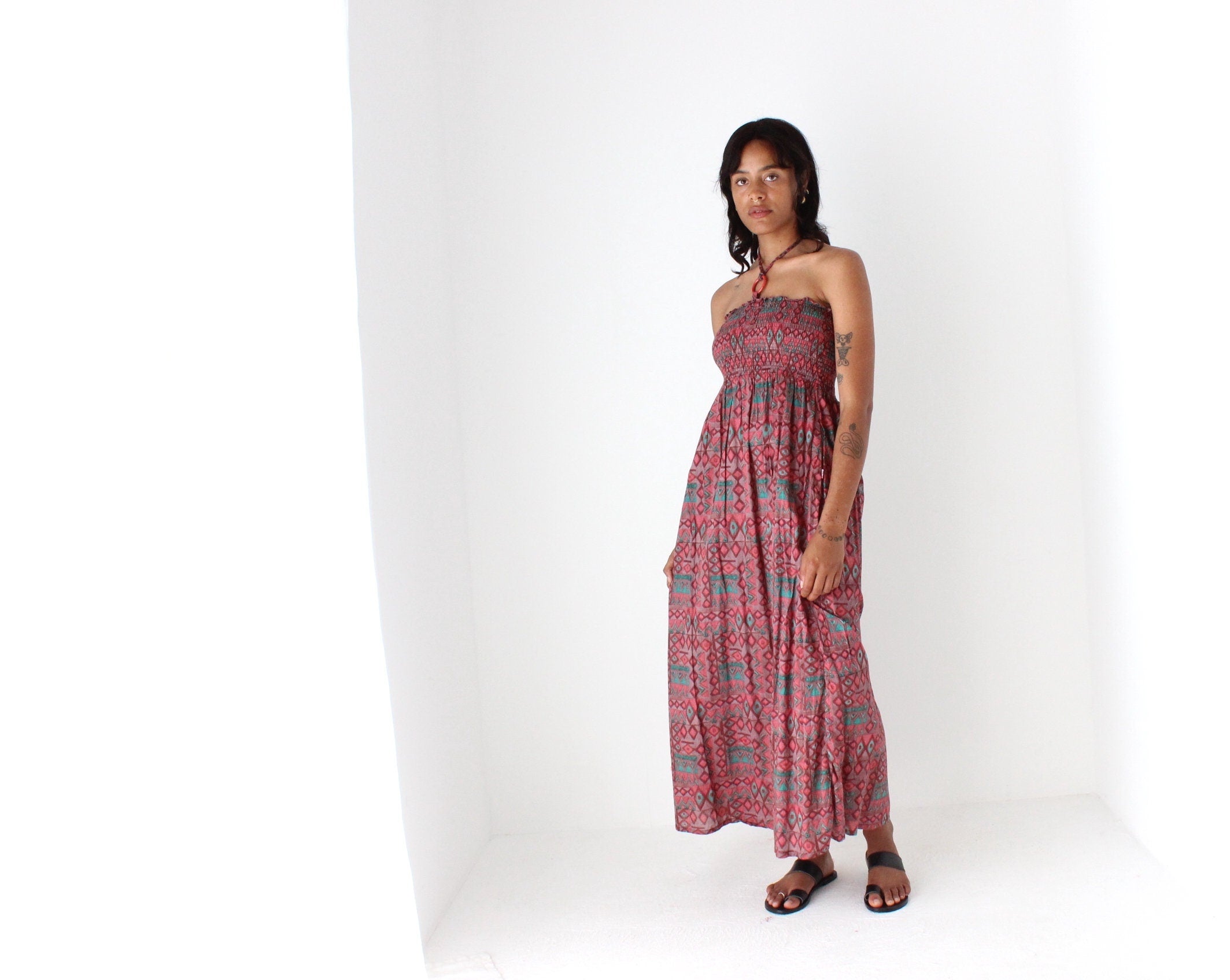 2000s Printed Cotton O-Ring Halter Dress