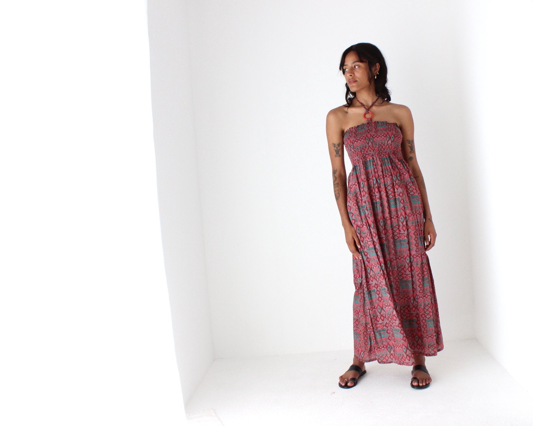 2000s Printed Cotton O-Ring Halter Dress