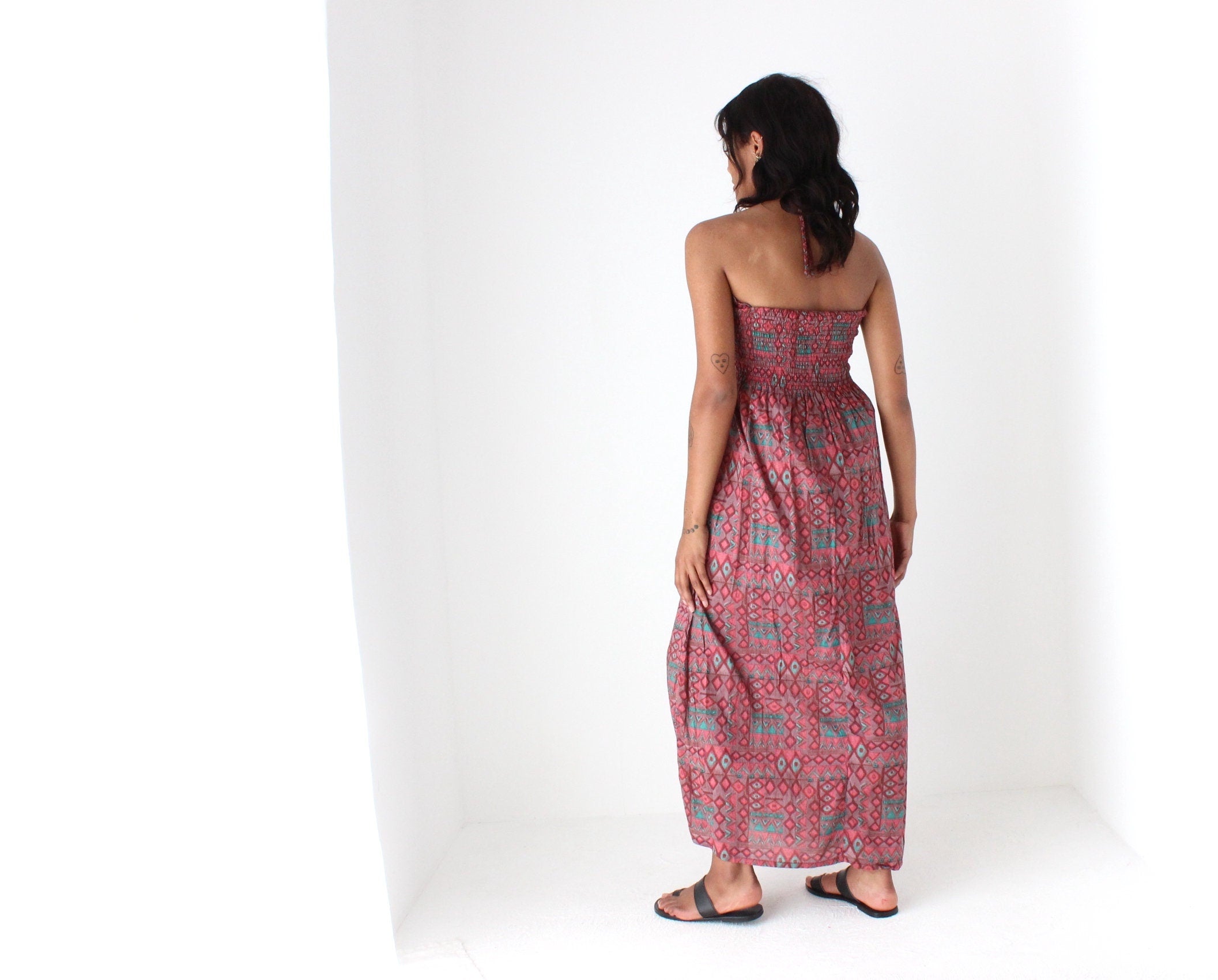 2000s Printed Cotton O-Ring Halter Dress