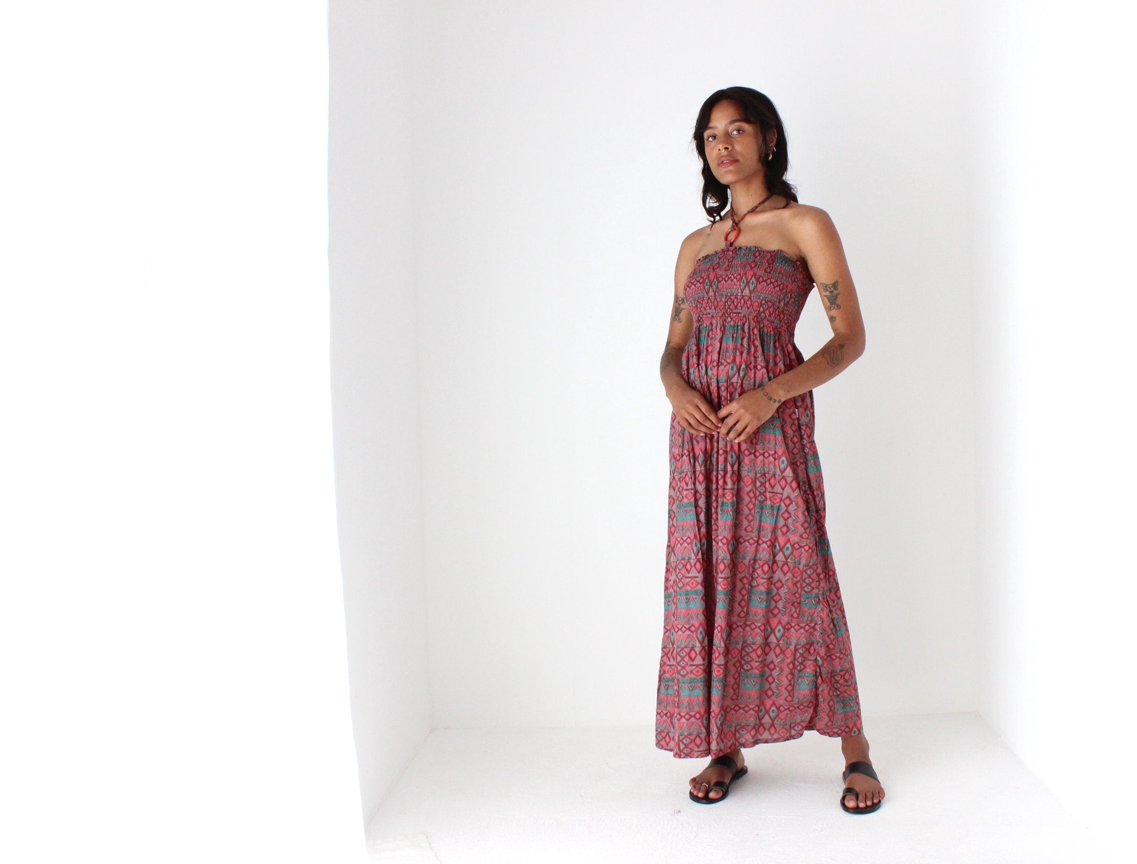 2000s Printed Cotton O-Ring Halter Dress